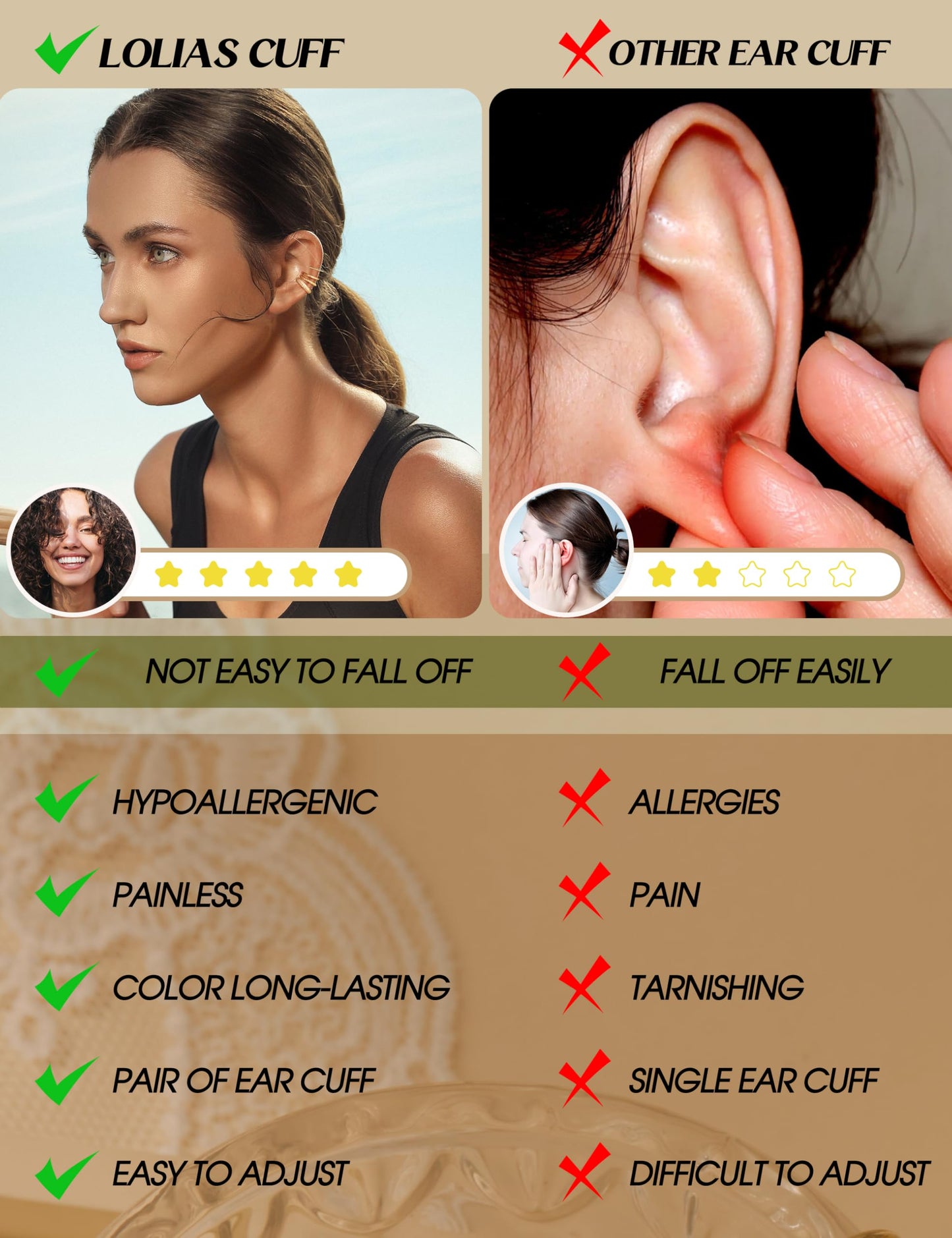 LOLIAS 4 Pairs Ear Cuffs Non Piercing - 14K gold plated Ear Cuff Earrings for Women Ear Cuff for Non Pierced Ears Clip on Cartilage Earring Double Adjustable Fake Earrings Set