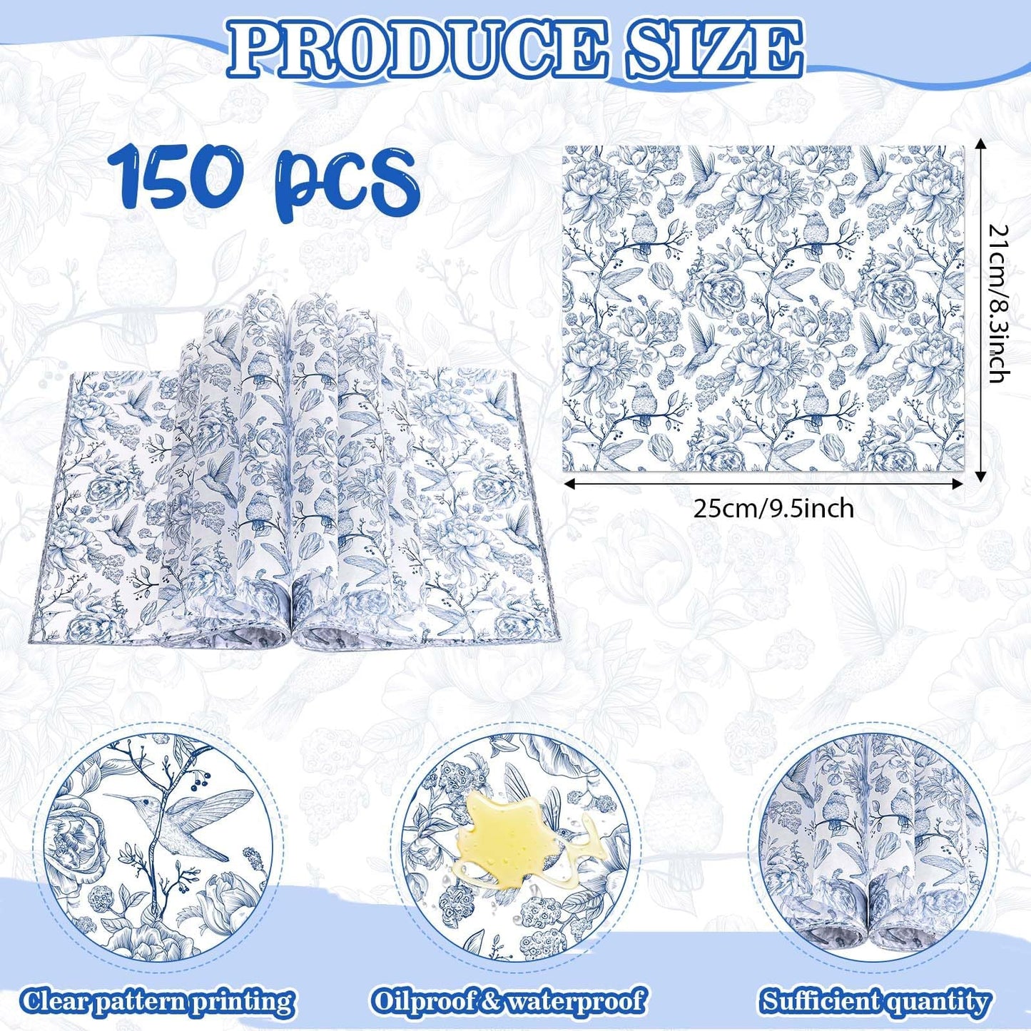 Sanixin 150Pcs Blue Floral Wax Paper for Food Chinoiserie Blue White Flower Decorative Wax Paper Oil-Proof Wrap Tissue for Picnic Sandwich Bakery Dessert Home Kitchen Supplies,9.8 x 8.3 Inches