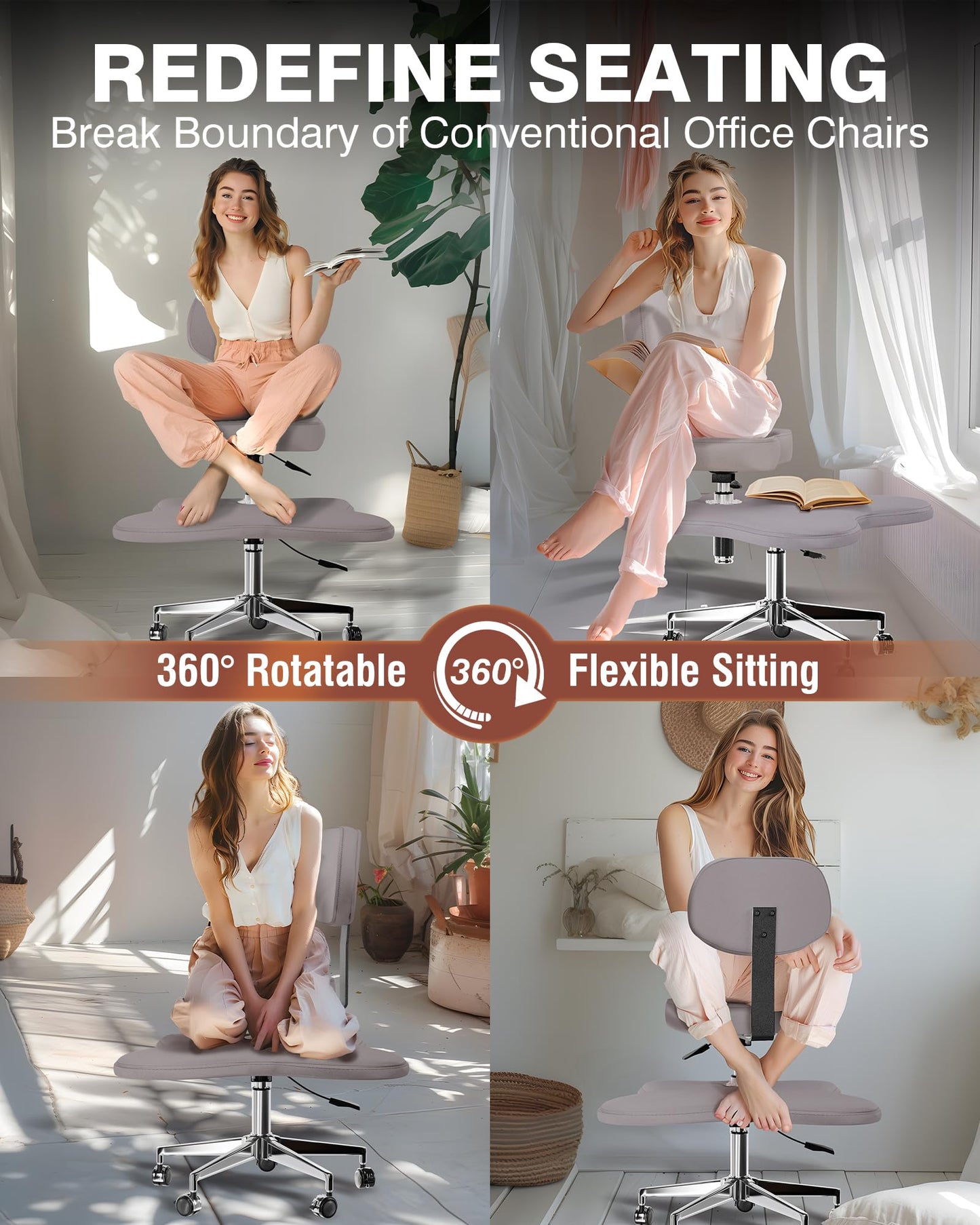 PYY ADHD Chairs for Adults - Meditation Cross Legged Office Chair with Wheels, Ergonomic Squatting Kneeling Fidget Chair with Lumber Back Support Adjustable Height for Home and Office Gray