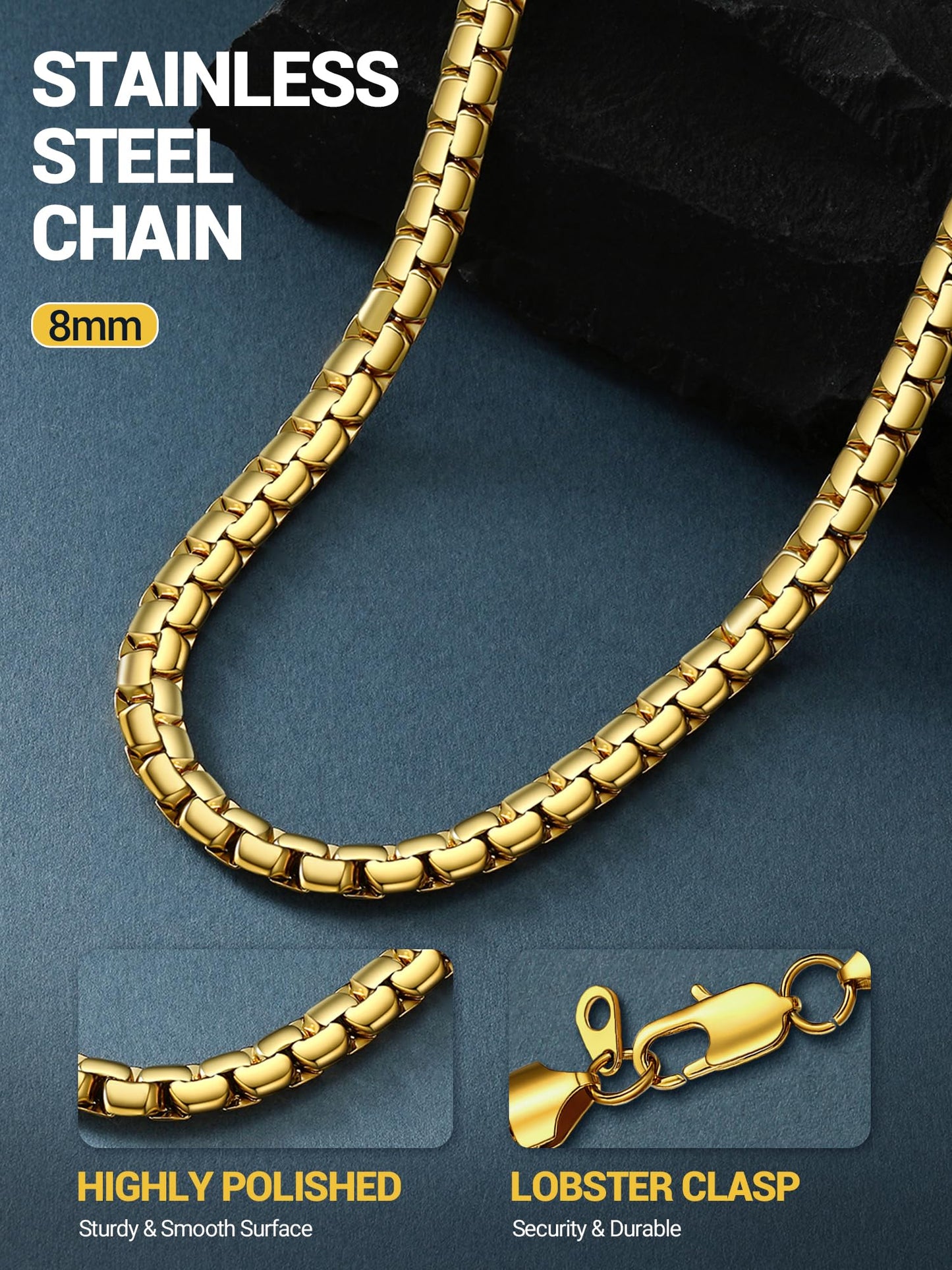 PROSTEEL Gold Chain for Men Stainless Steel Gold Necklace Tarnish-Resistant 8mm Flat Box Necklace Punk Cool Chain