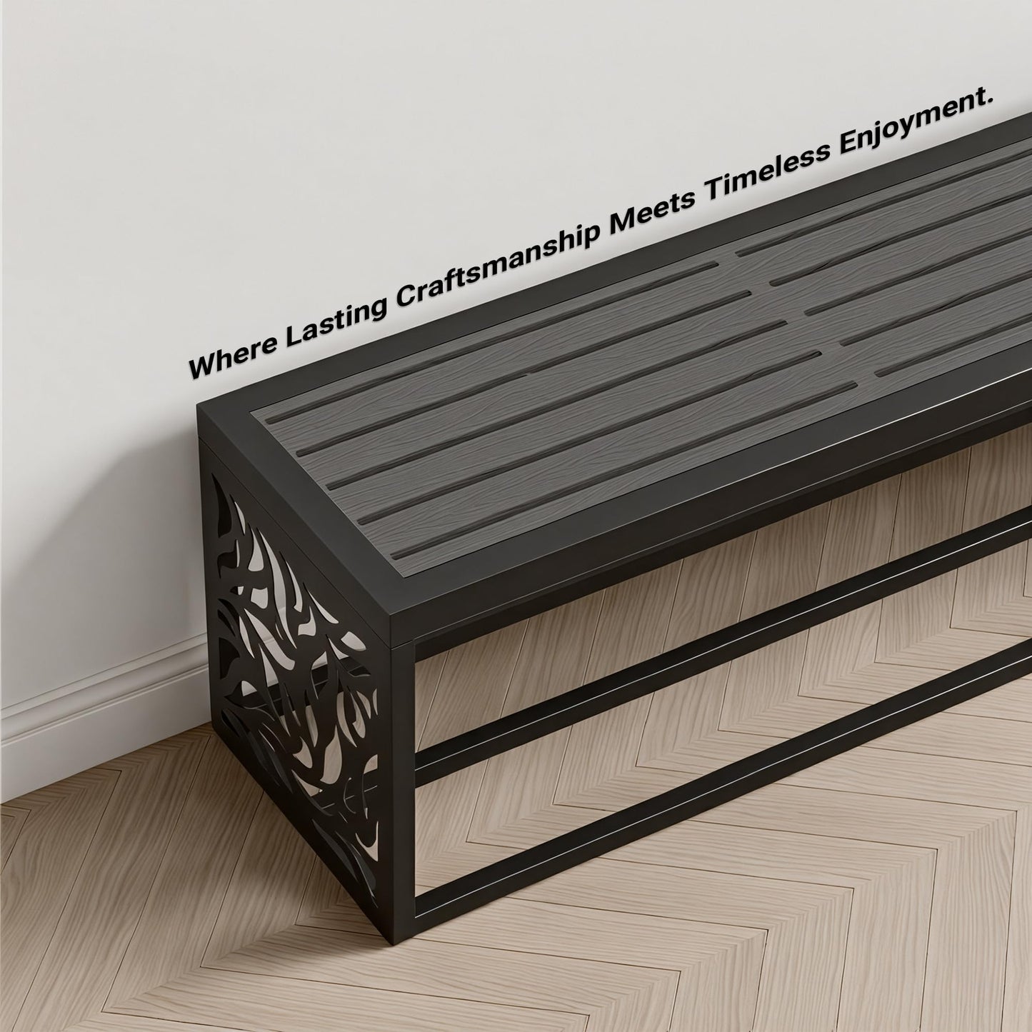 Orbotots 47" Outdoor Garden Bench with Storage Shelf, Modern Black Entryway Bench, Wood-Grain HDPE Seat, Galvanized Steel Frame with Powder Coating for Porch, Yard, Patio, Willow Leaf
