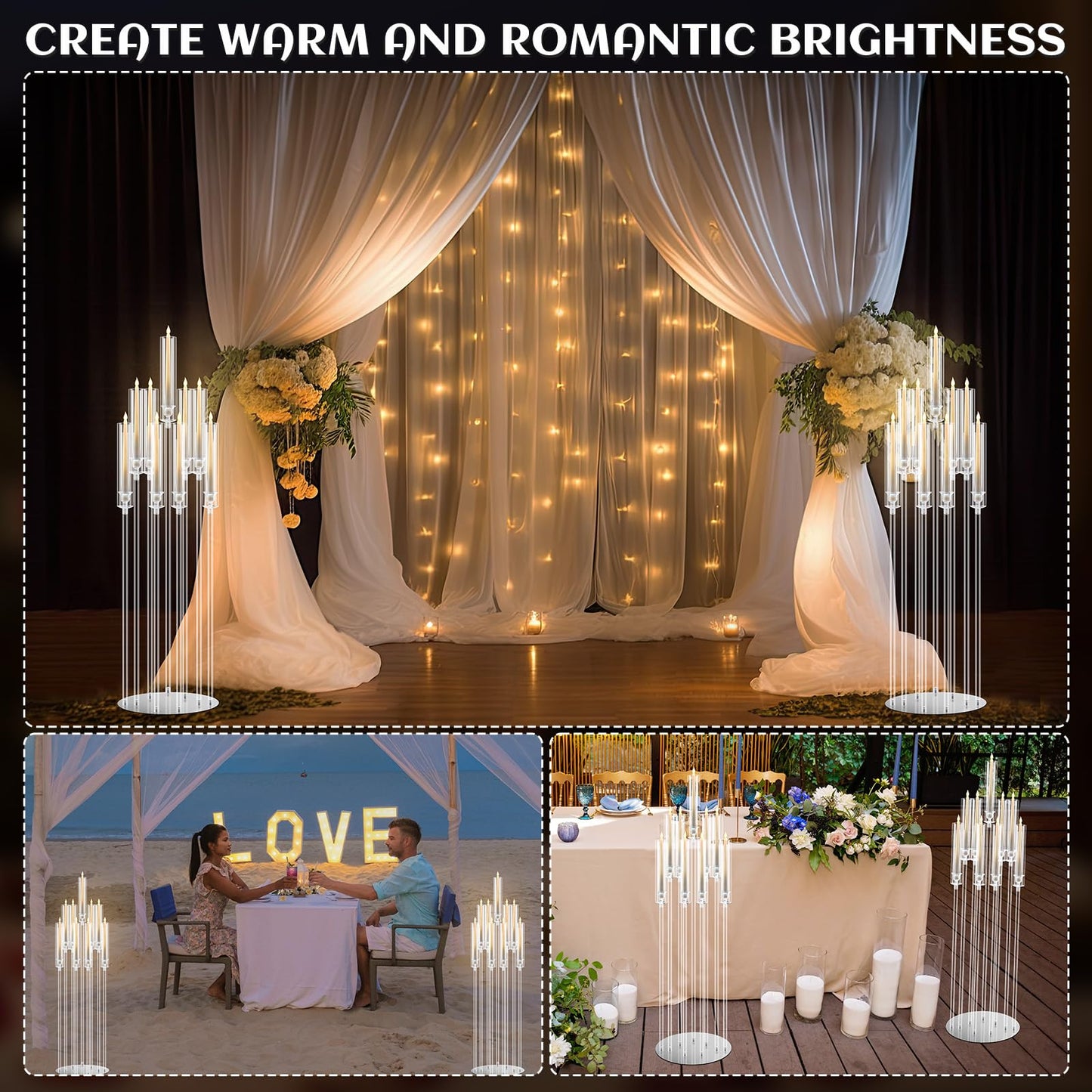 Tessco 4 Pcs 9 Arm 42.5" Acrylic Candelabra Table Centerpiece Floor Candelabras Clear Candle Holder with Removable Lampshade Wedding Candelabra Centerpiece Fit 0.8 LED"