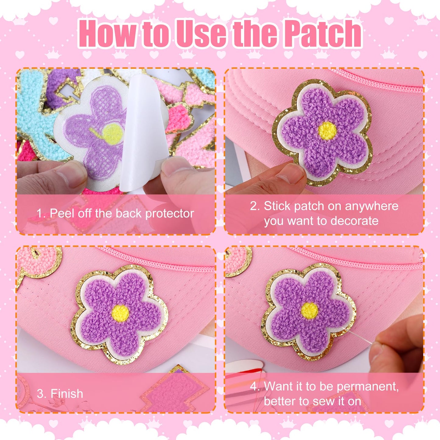 72 Pcs Preppy Chenille Patches Self Adhesive for DIY Clothing,Include 52 A-Z Chenille Letter Patches Stick on,20 Rainbow Flower Lighting Bowknot Embroidered Stickers Patches for Backpacks Bags Hats
