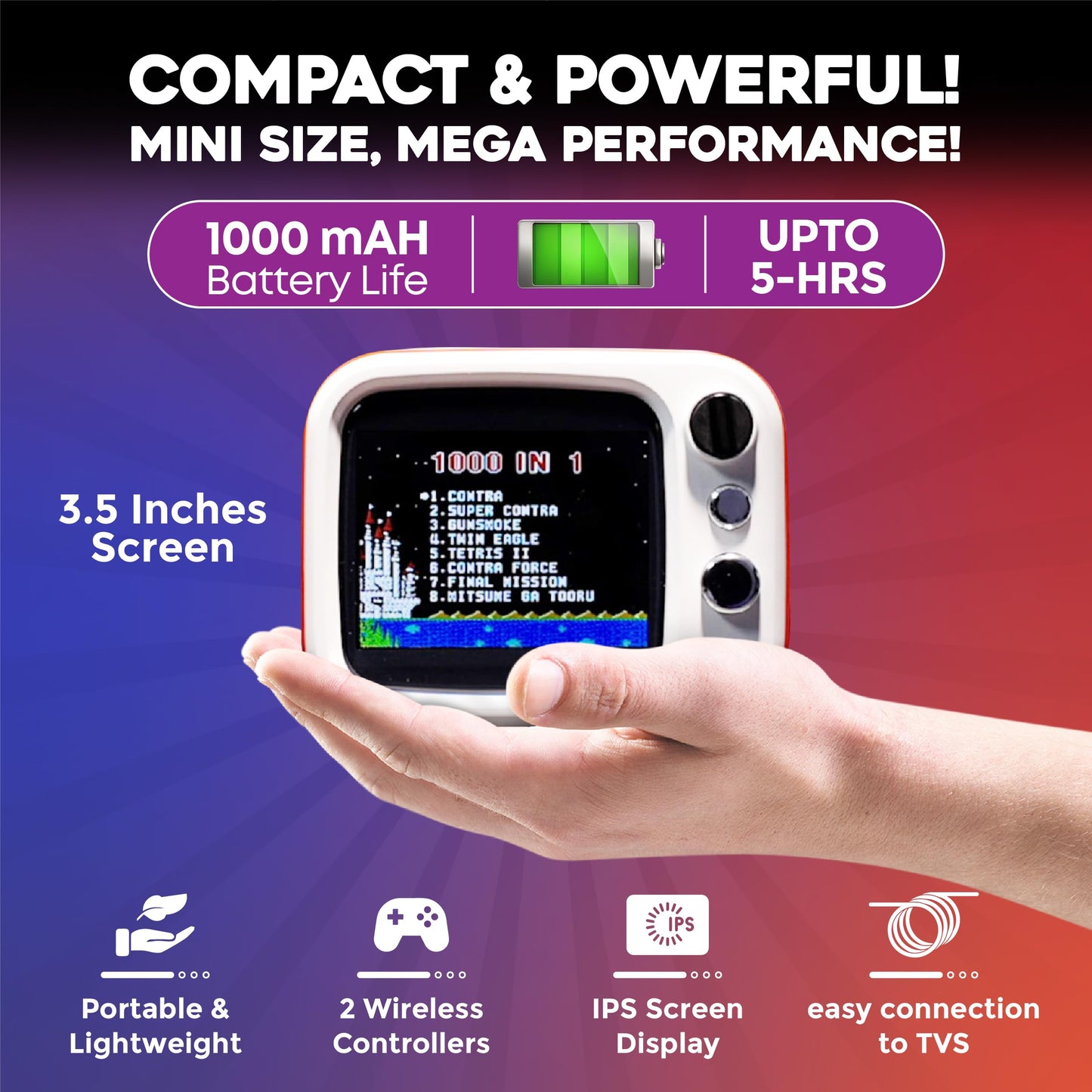 Tiny Arcade TV 3.5" Mini Retro Game - Two Player Playable TV Console & w/ Real Gameplay & Sound - 700+ Classic Video Games - H7 (Red)