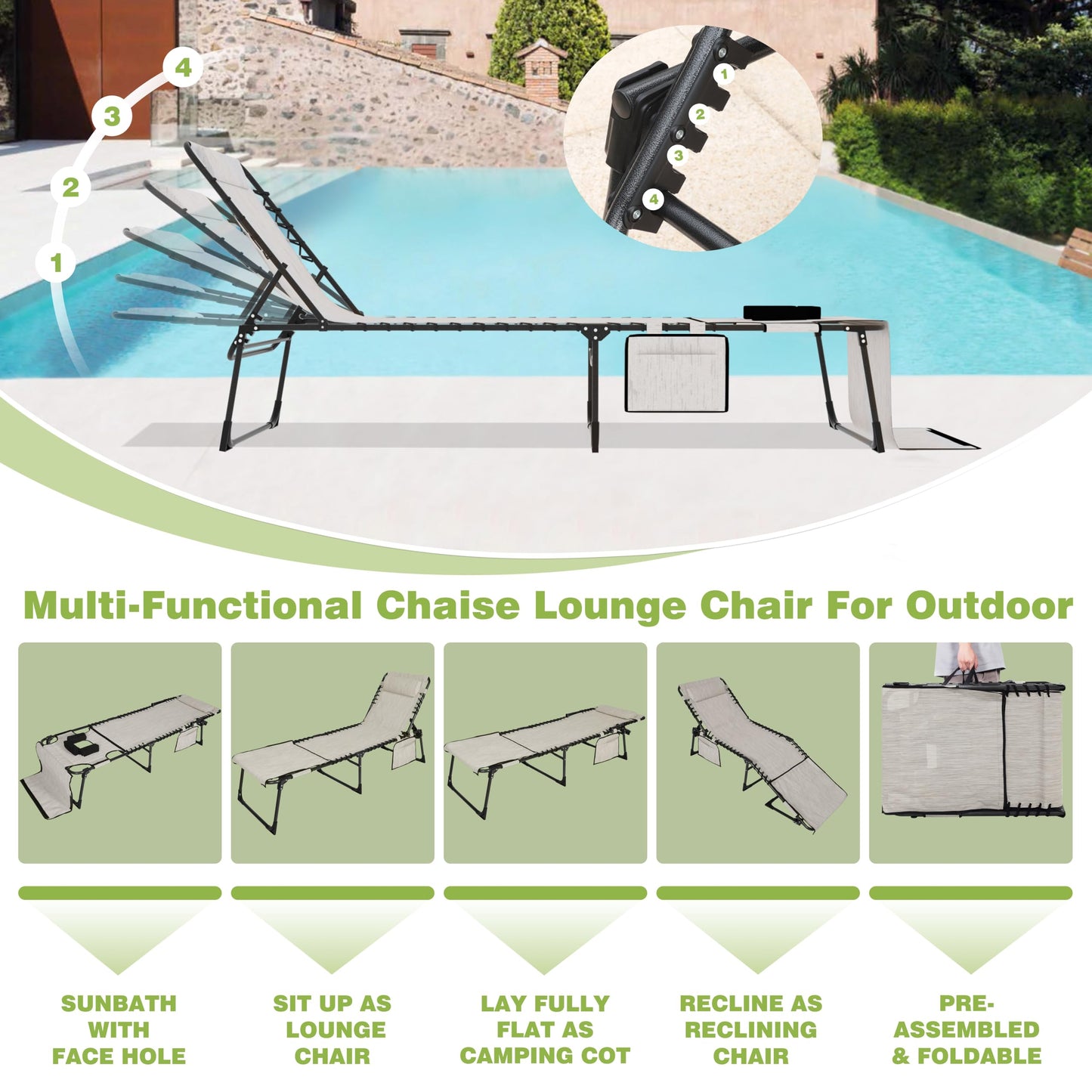 MUPATER Patio Chaise Lounge Chair Set of 2 for Outdoor, Adjustbale Backrest Portable Sun Lounger Recliner with Face Hole, Pillow & Pocket for Camping, Pool, Cream White
