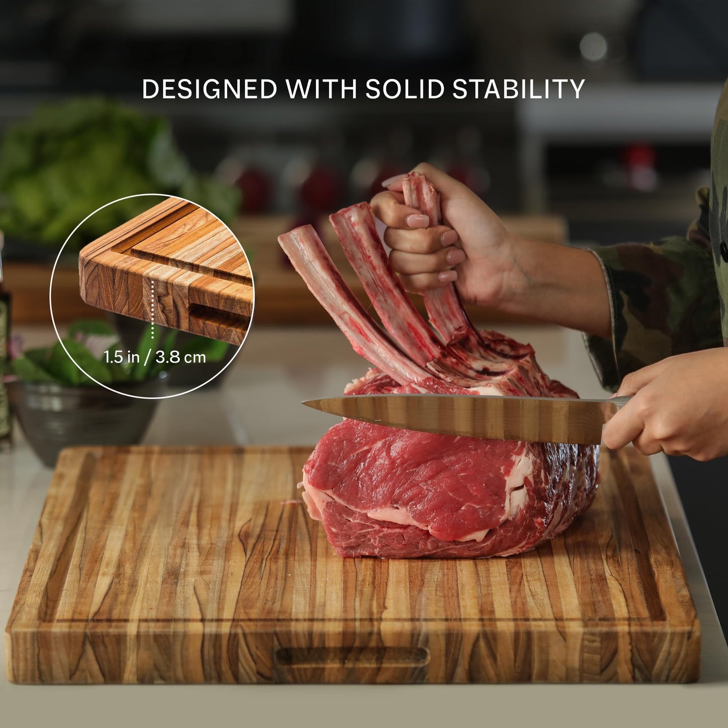 Teakhaus Carving Board and Cutting Board Oil Set - Includes Large (L) Wood Cutting Board with Grip Handles and EON Food Grade Mineral Oil - Knife-Friendly - FSC Certified