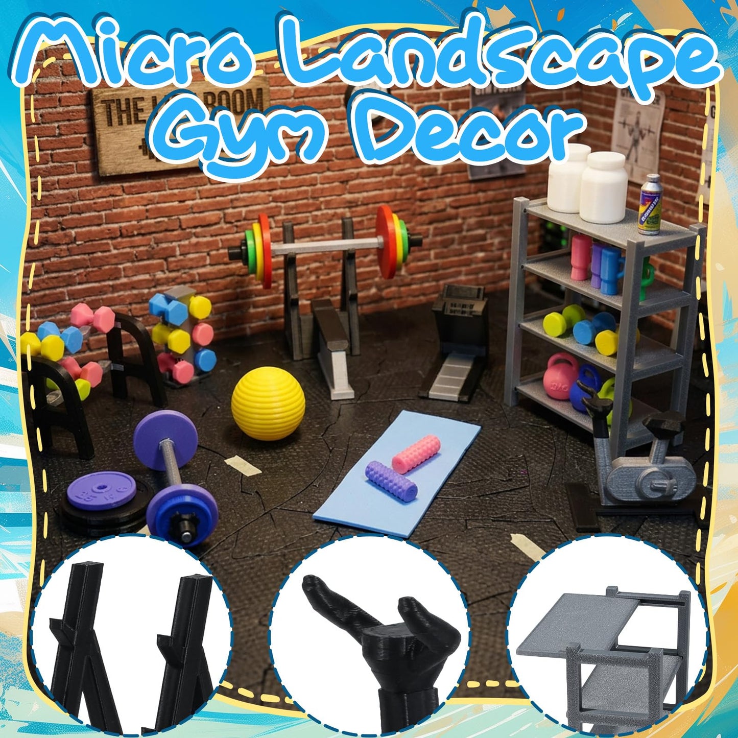 Miniature Gym Equipment Set, Plastic Mini House Fitness Accessories, Miniature Workout Room with Treadmill Exercise Bike Dumbbells for Miniature House Decor Micro Landscape DIY Crafts