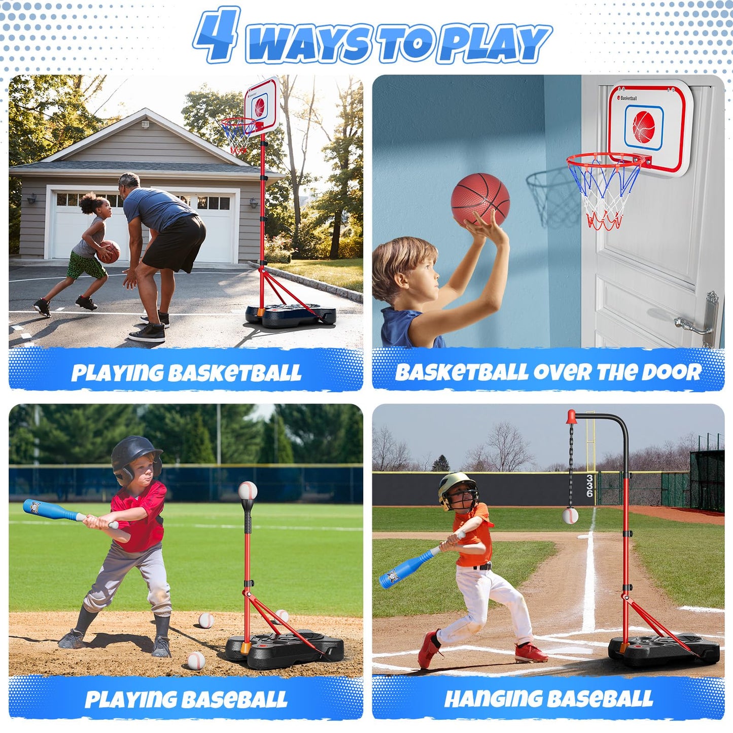 HopeRock 2 in 1 Kids Basketball Hoop and T Ball Set, Adjustable Basket Ball Stand,Hanging Tee Baseball for Toddlers Boys Girls Ages 2 3 4 5 6 7 8 Years Old, Outdoor Toys Gifts