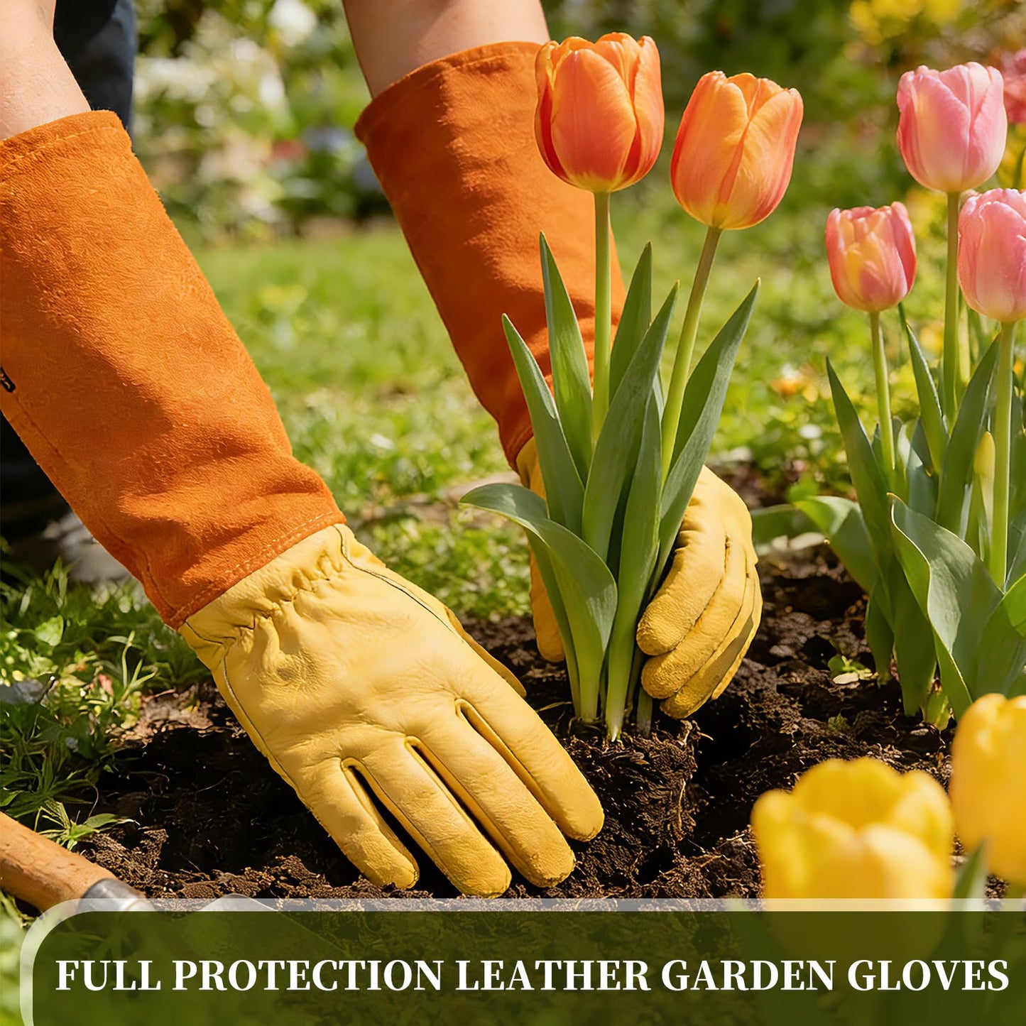 Acdyion Thorn Proof Gardening Gloves for Men & Women, Long Cowhide Leather Rose Pruning Gloves with Forearm Protection, Puncture Resistant Gauntlets for Cacti, Blackberries & Yard Work(yellow,Large)