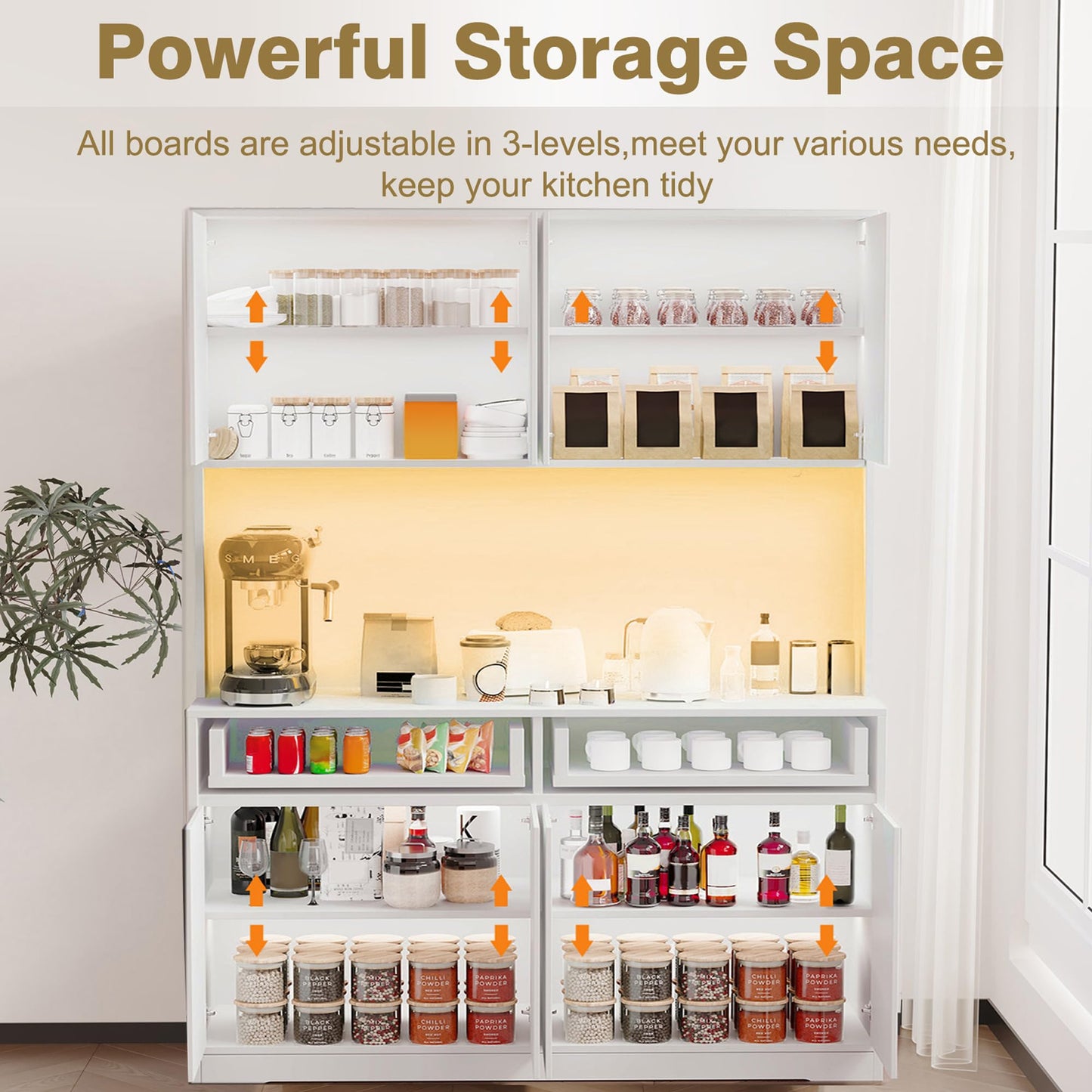 71" Tall 47" Wide Large Kitchen Pantry Storage Cabinet w/ Power Outlet,Led Light, Kitchen Hutch Pantry Cabinet w/ 2 Drawer and 8 Doors,Modern Freestanding Buffet Cabinets for Kitchens,Dining Room