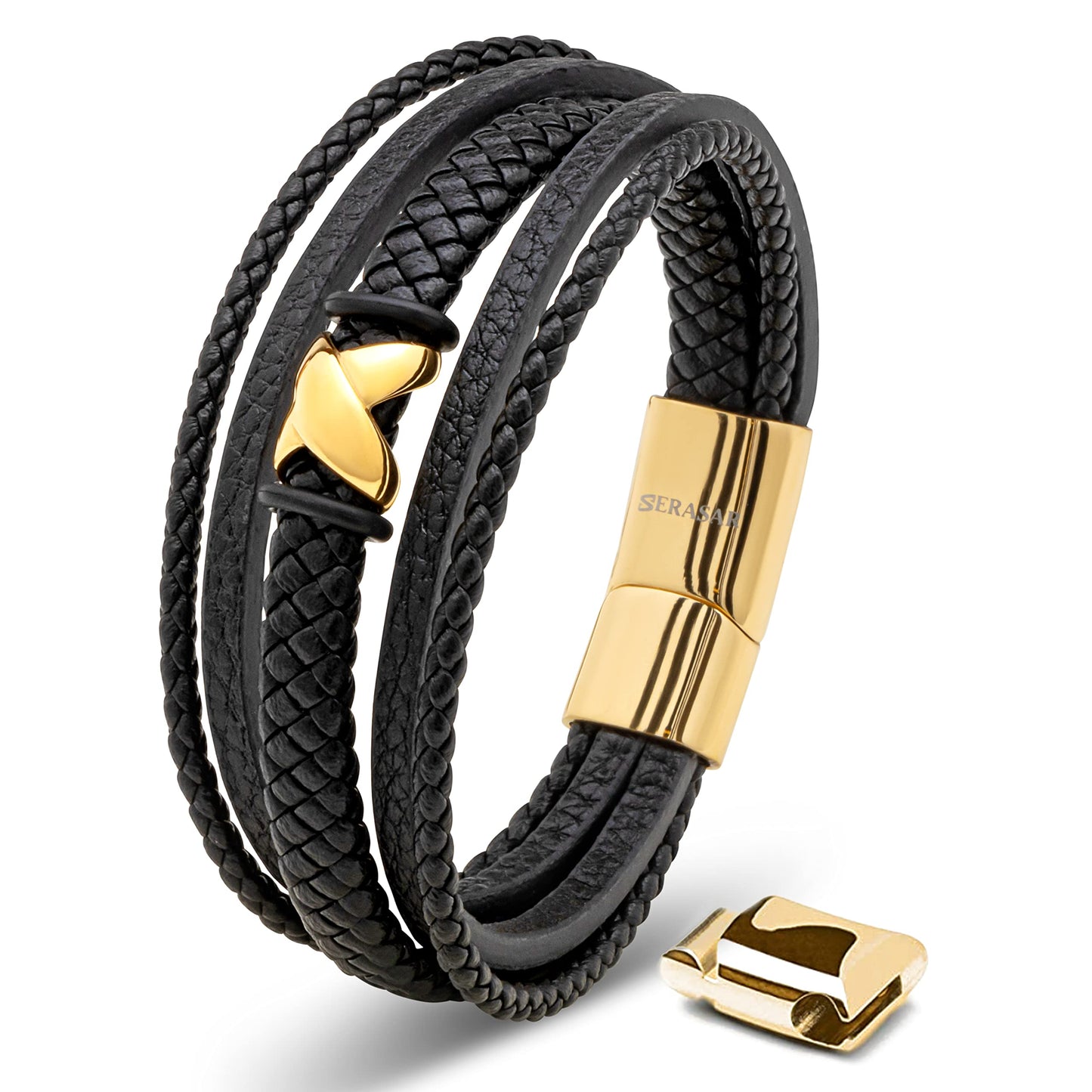SERASAR Pulseras para hombre 23cm Oro, Caja de regalo, Piel vaca genuina trenzada, Cierre magnetico ajustable, Envoltura multicapa, Joyero, Cuerda hombre, Accesorios joyeria