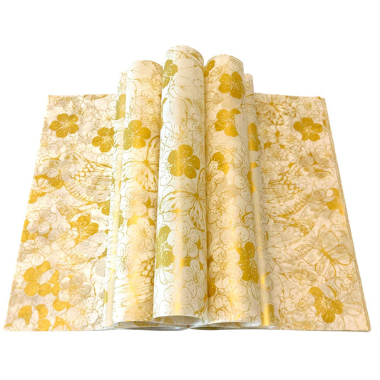 150pcs Gold and White Floral and Birds Patterned Wax Paper Sheets Sandwich Wrapping Paper, Greaseproof Wrap Parchment Air Fryer Disposable Paper Liner Food Basket Liners for Outdoor Picnic