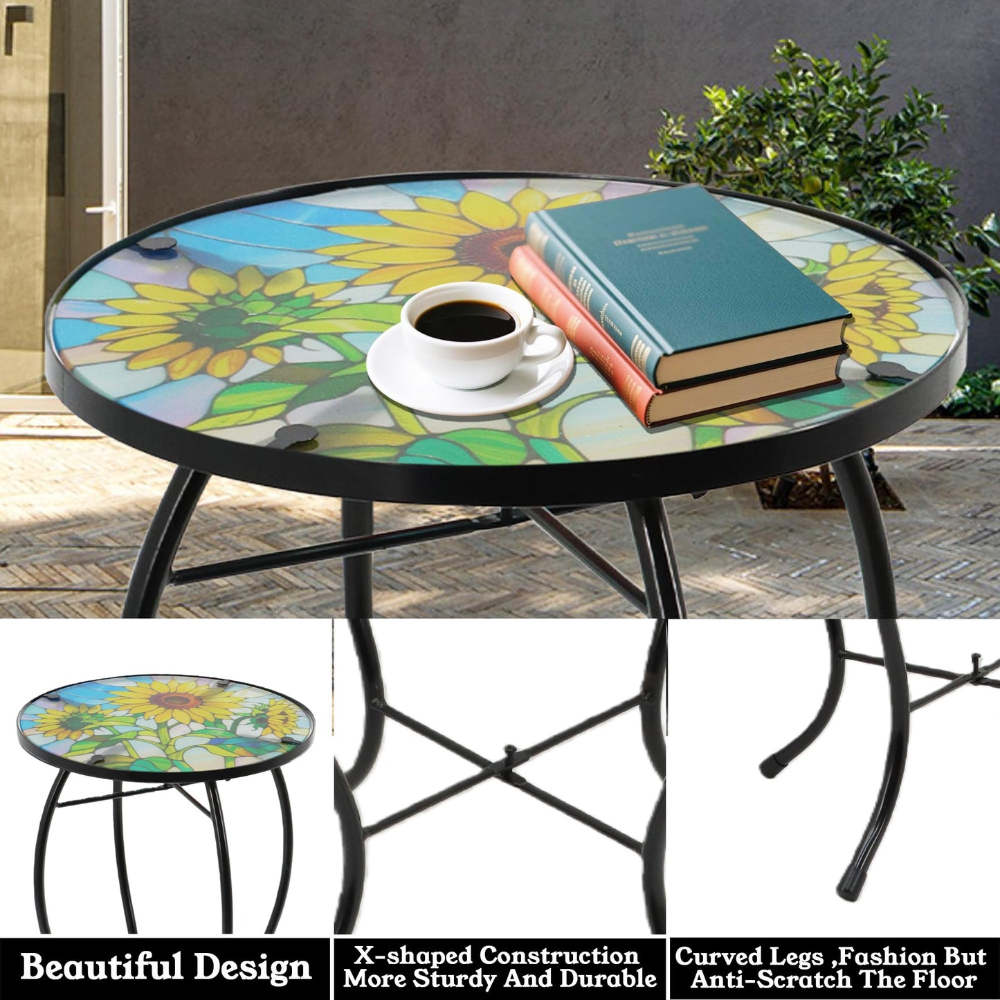 Voumsil Small Side Table with Metal Frame, 10.5" Round Side Tables with Sunflower Pattern,Outdoor Table for Balcony,Terrace,Garden,Living Room