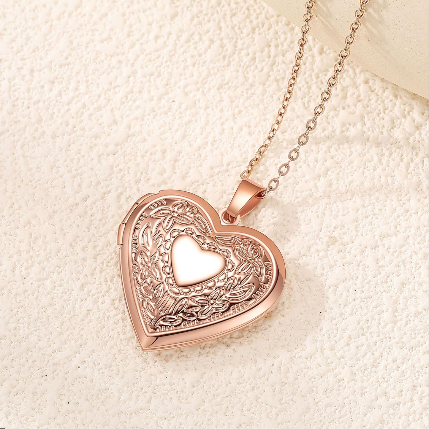 PHOCKSIN Rose Gold Heart Locket Necklace Flower Engraved Personalized Love Heart Necklace that Holds Pictures Customized Gifts Locket Necklaces for Women