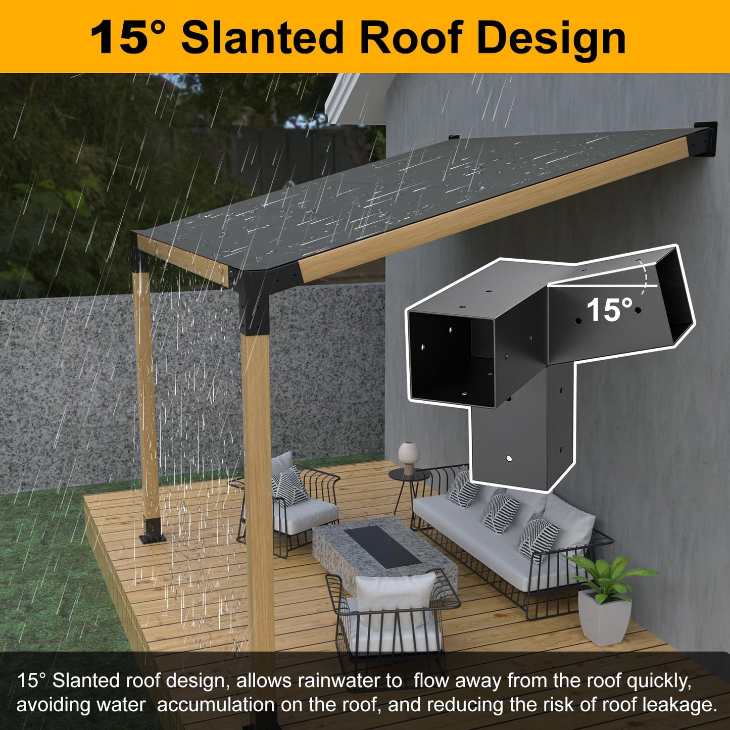 15°Slanted Roof Wall Mount 4x4 Pergola Bracket Kit,TROPTOLKY Angled 4x4 Wood Post Bracket,DIY Pergola Gazebo Kit 3way(6pcs)