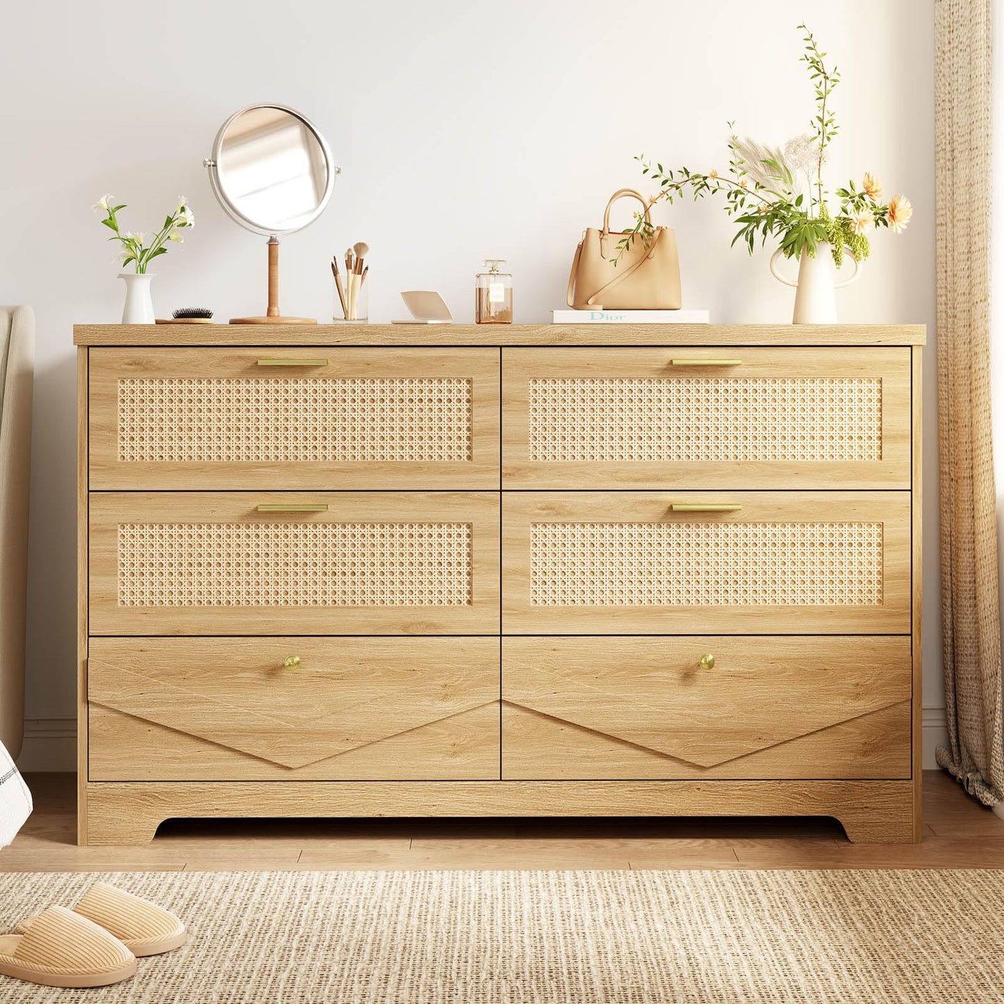 IBF Rattan Dresser for Bedroom, Wood Boho 6 Drawer Dressers, Large Dresser Chest of Drawers for Closet, Wide Clothes Storage Organizer with Deep Drawers for Living Room and Hallway, 51.2 Inch, Oak