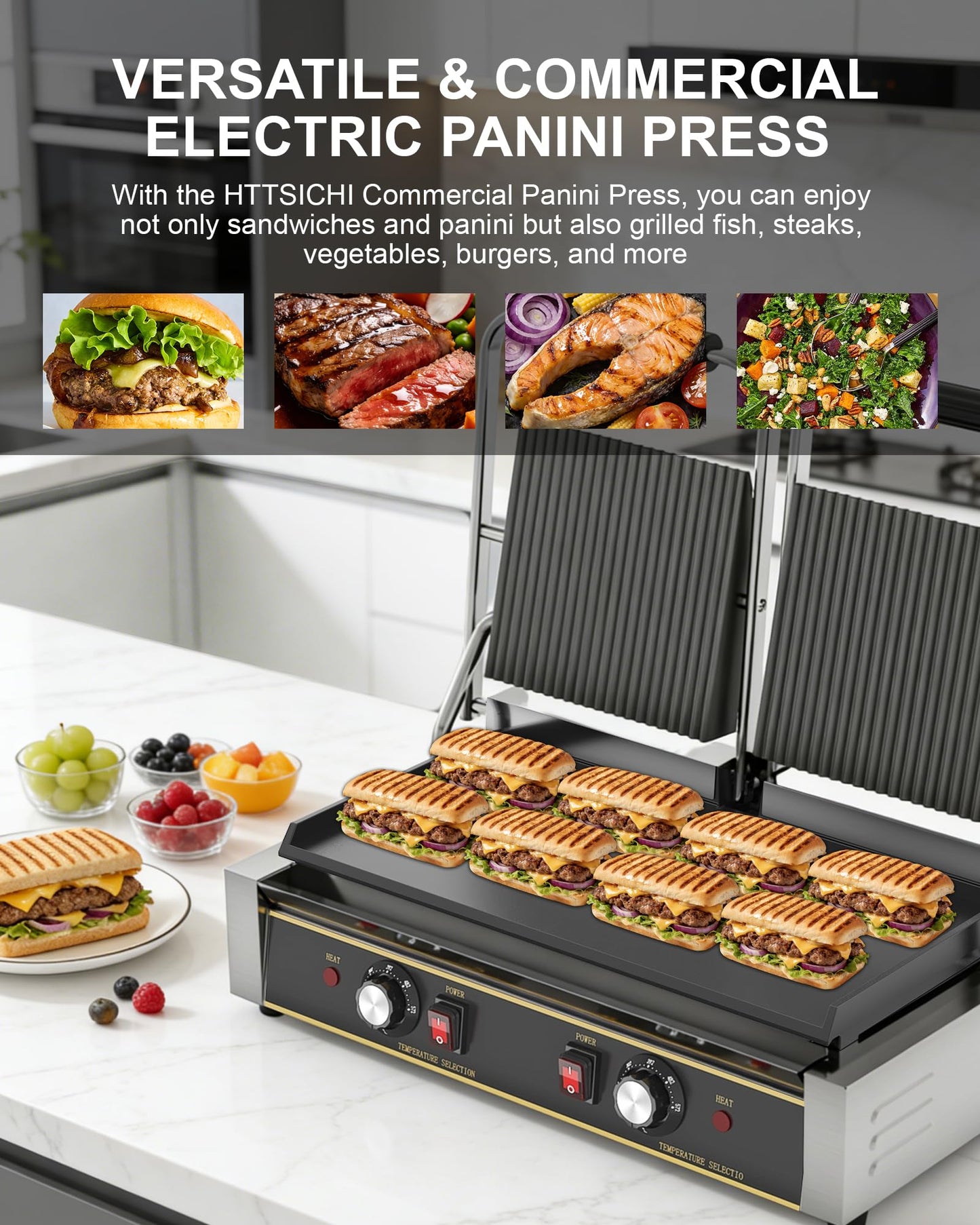HTTSICHI Commercial Panini Press - 3600W Electric Sandwich Panini Maker, Stainless Steel Double Sandwich Grill w/Nonstick Coating & Temp Control, 19x9 in Plate for Hamburger Steak Bacon