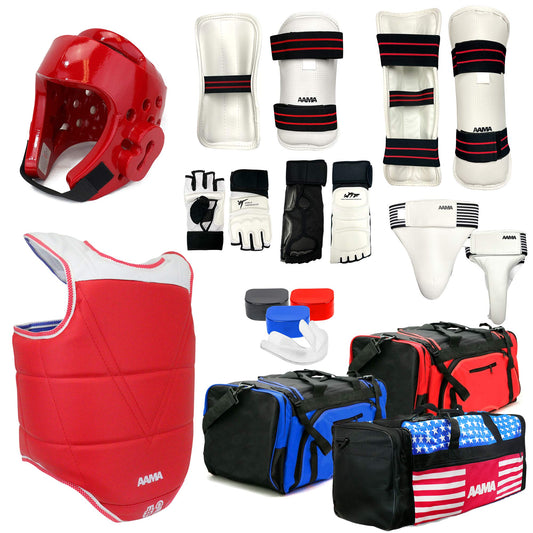 AAMA Complete Taekwondo Sparring Protective Gear Equipment Set w/Shin, Hand, and Foot Guard - Red