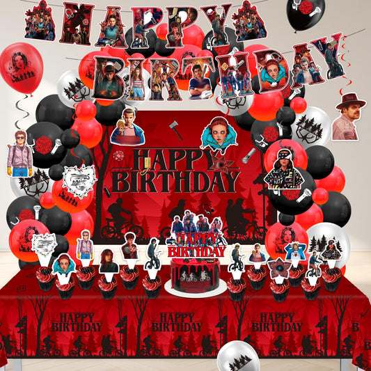 82Pcs Stranger Party Decorations Set - Thriller Theme Birthday Supplies with Thickened Backdrop, Tablecloth, Balloon Arch Kit, Cake Toppers for Kids Adults Upside Down Fans