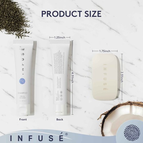 Infuse Pure White Tea and Coconut Hotel Soaps and Toiletries Bulk Set | 1-Shoppe All-In-Kit for Airbnb | 1oz Shampoo & Conditioner, Body Wash, Lotion & 1.25oz Bar Soap | Travel Size 150 Pieces