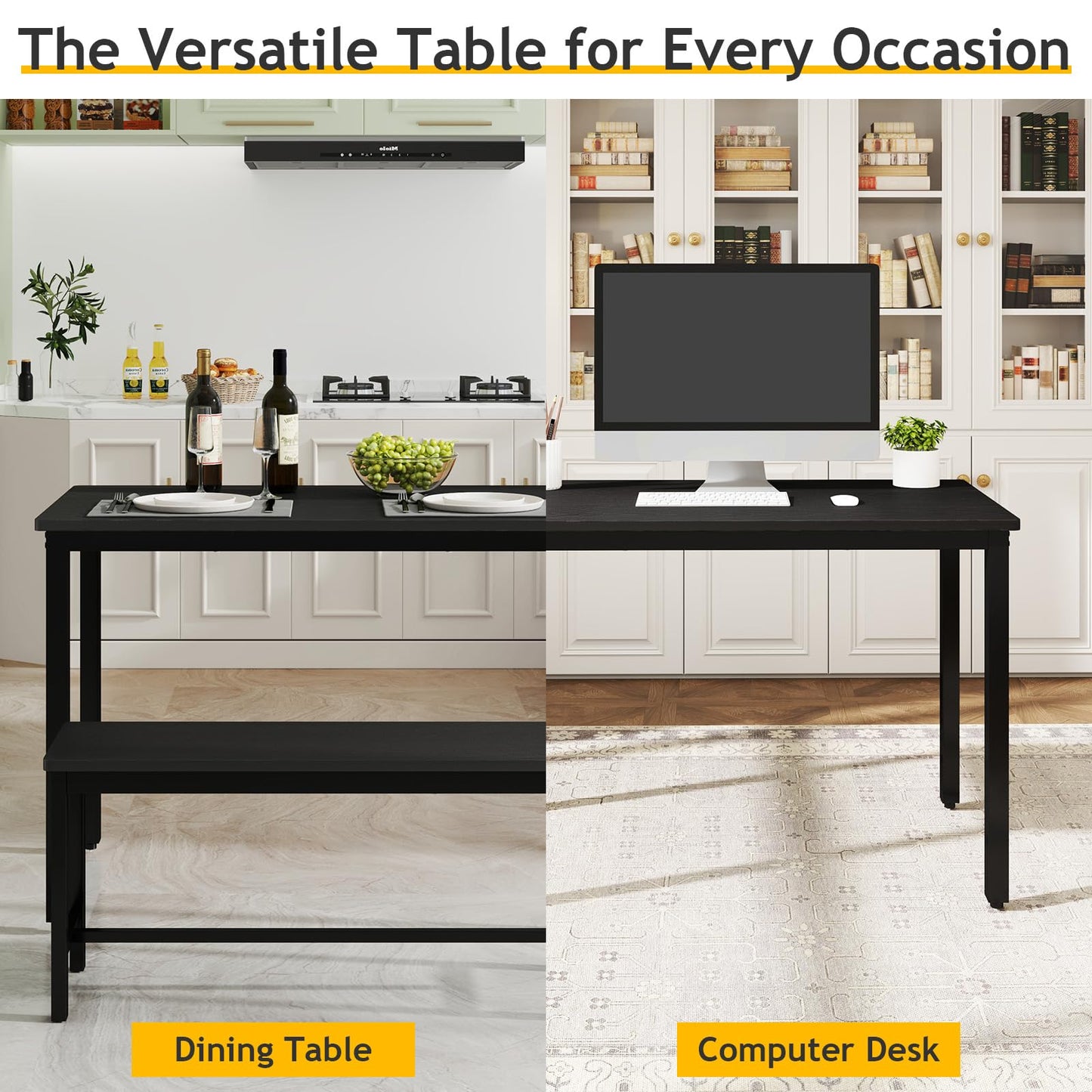 Rovibek 43" Dining Room Table Chairs Set for 4, Modern Space Saving Kitchen Table with 2 Benches & Adjustable Feet Breakfast Table, Wooden Industrial Style Farmhouse, Black