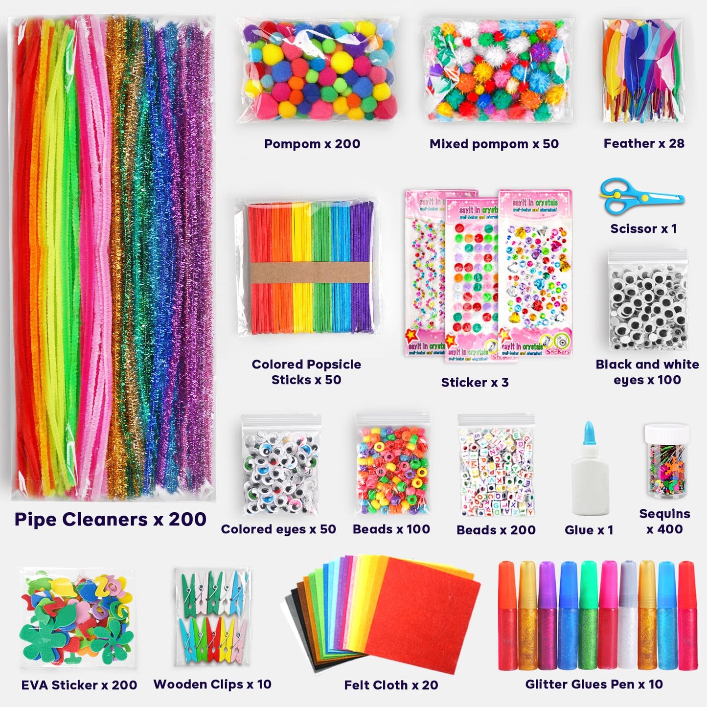 FUNZBO Arts and Crafts Supplies for Kids -Toddlers Craft Kit with Glitter Glue Stick, Pipe Cleaners, Popsicle Sticks, Pompoms & Stickers, Homeschool Supplies, Toys Crafts for Girls Age 4+