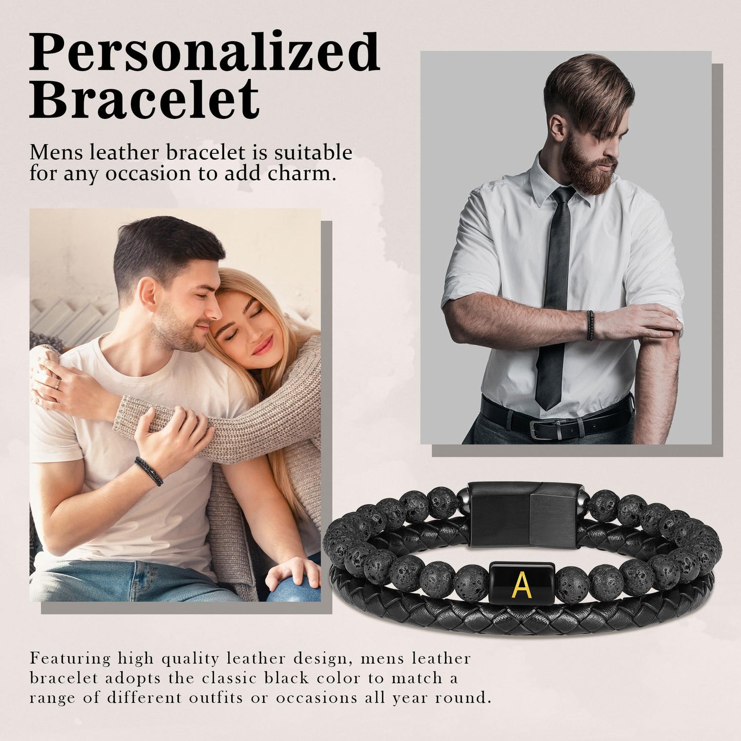 Leather Bracelets for Men - Mens Bracelet with Initial Lava Rock Bead Magnetic Clasp Black Mens Leather Bracelets for Men Gifts Black Initial R Bracelet for Men's Jewelry Men's Gifts for Dad Husband