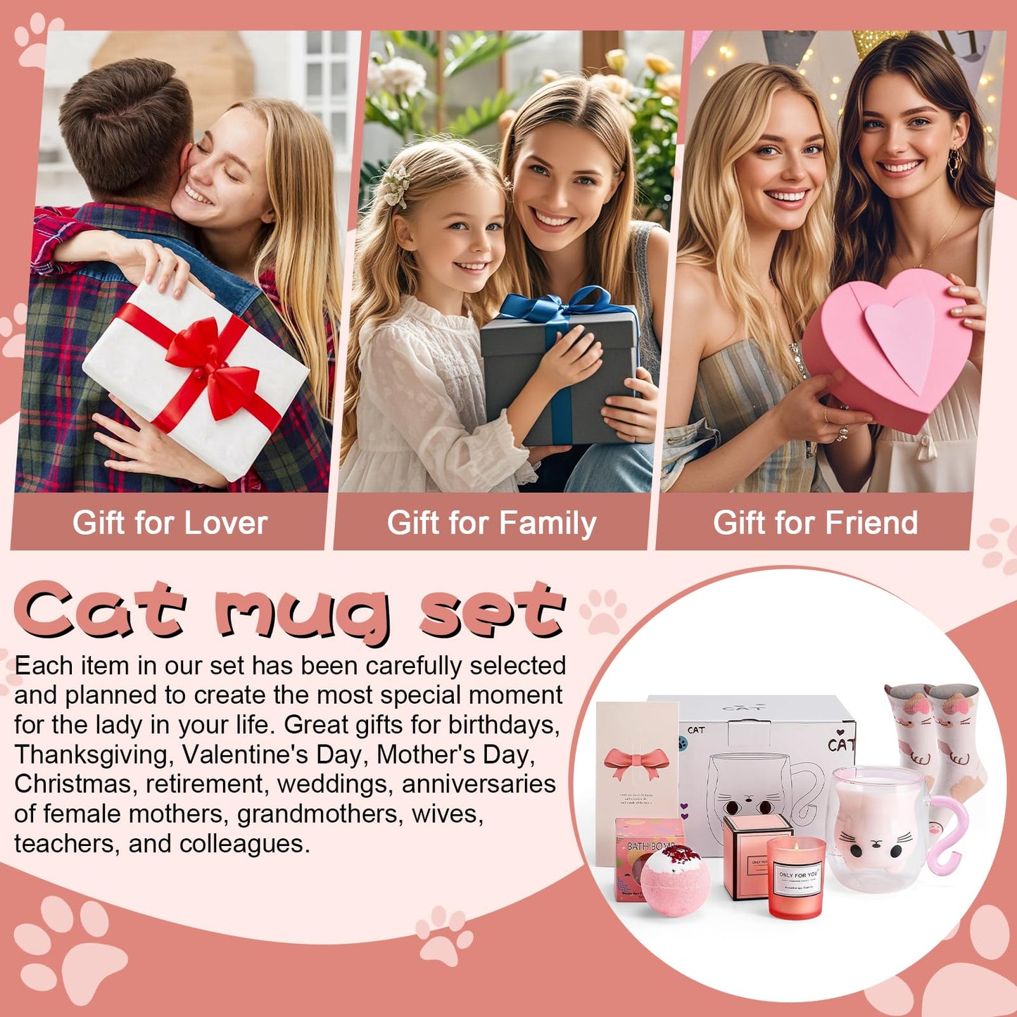 Cat Mug Gifts Set, Birthday Gifts for Women Her Mom, Christmas Presents for Women, Valentines Mothers Day Cat Lovers Presents Idea for Sister Wife Grandma Female Teacher Friend Coworker (Pink)