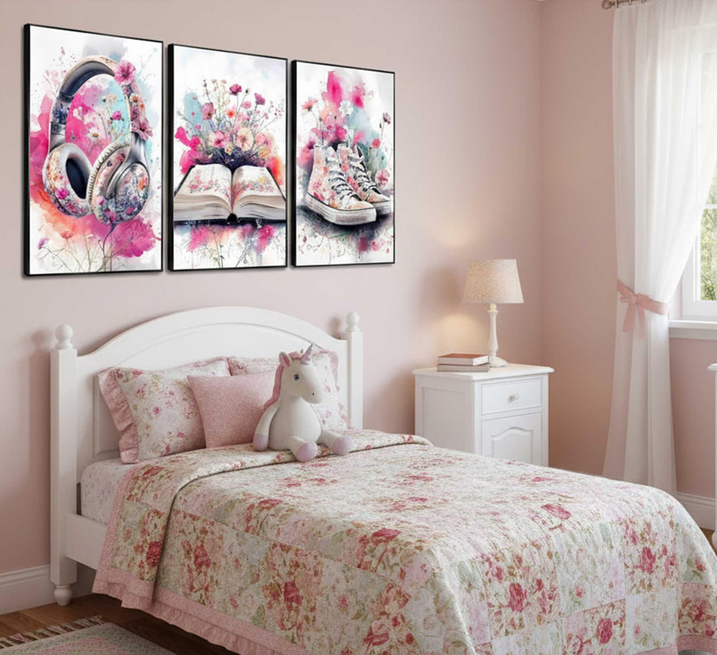 3Pcs Teen Girls Bedroom Canvas Wall Art Fashion Headphones Book and Shoes Pink Watercolo Splash Flower Painting Pictures Wall Decor Print Artwork for Living Room Dorm Home Decoration Unframed