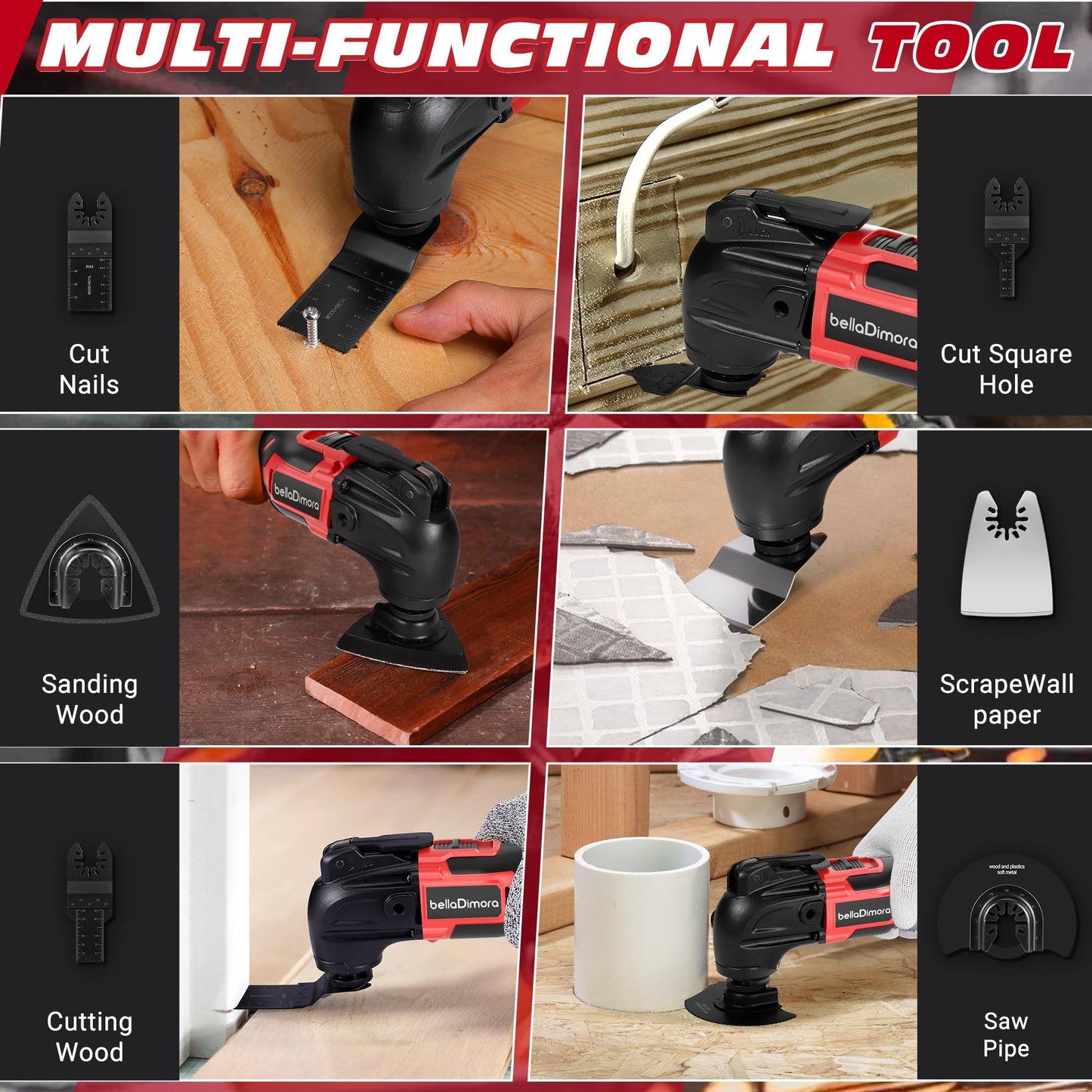 bellaDimora Cordless Oscillating Multi-Tool Compatible with Milwaukee M18 Battery, Brushless Motor, 6 Variable Speeds, 23-Piece Accessory Kit for Cutting Sanding Scraping (No Battery)