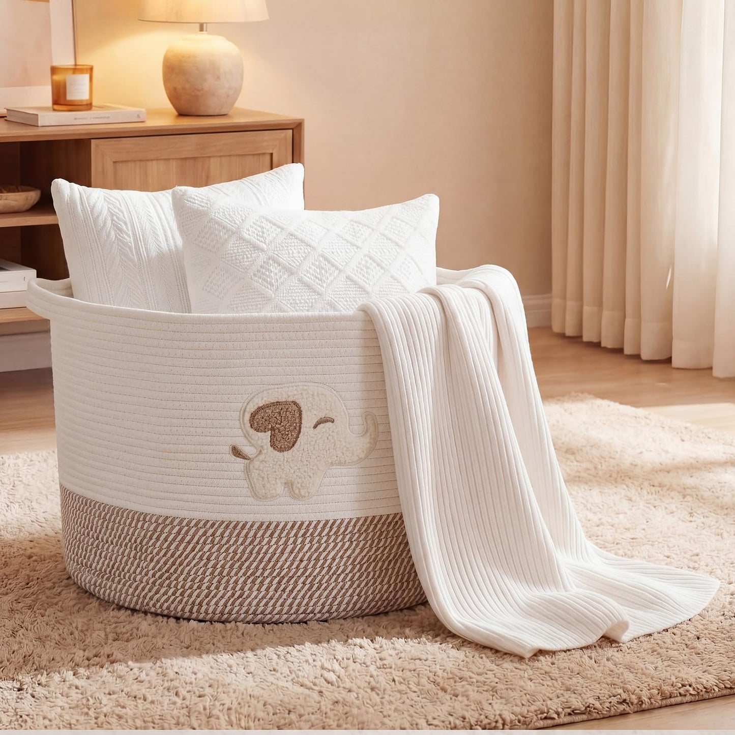 LemonRoad Extra Large Basket 20"x14", Woven Baby Laundry Blanket Basket Toy Box with Handle Storage, Blanket Storage for Living Room Nursery Pillows Chest(Cotton Rope,Elephant,Brown)