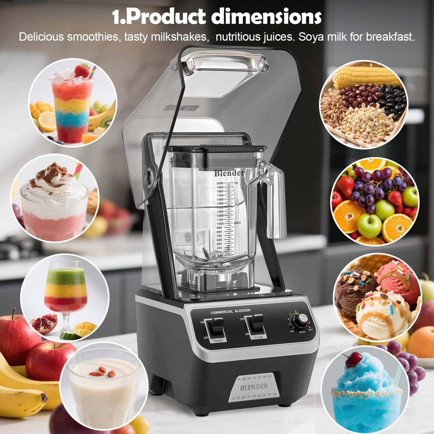 WaterElfo 2200W Commercial Blender for Smoothies - Professional Grade, High Speed Quiet Electric Countertop Blenders with Sound Enclosure, 68oz for Kitchen & Home Use