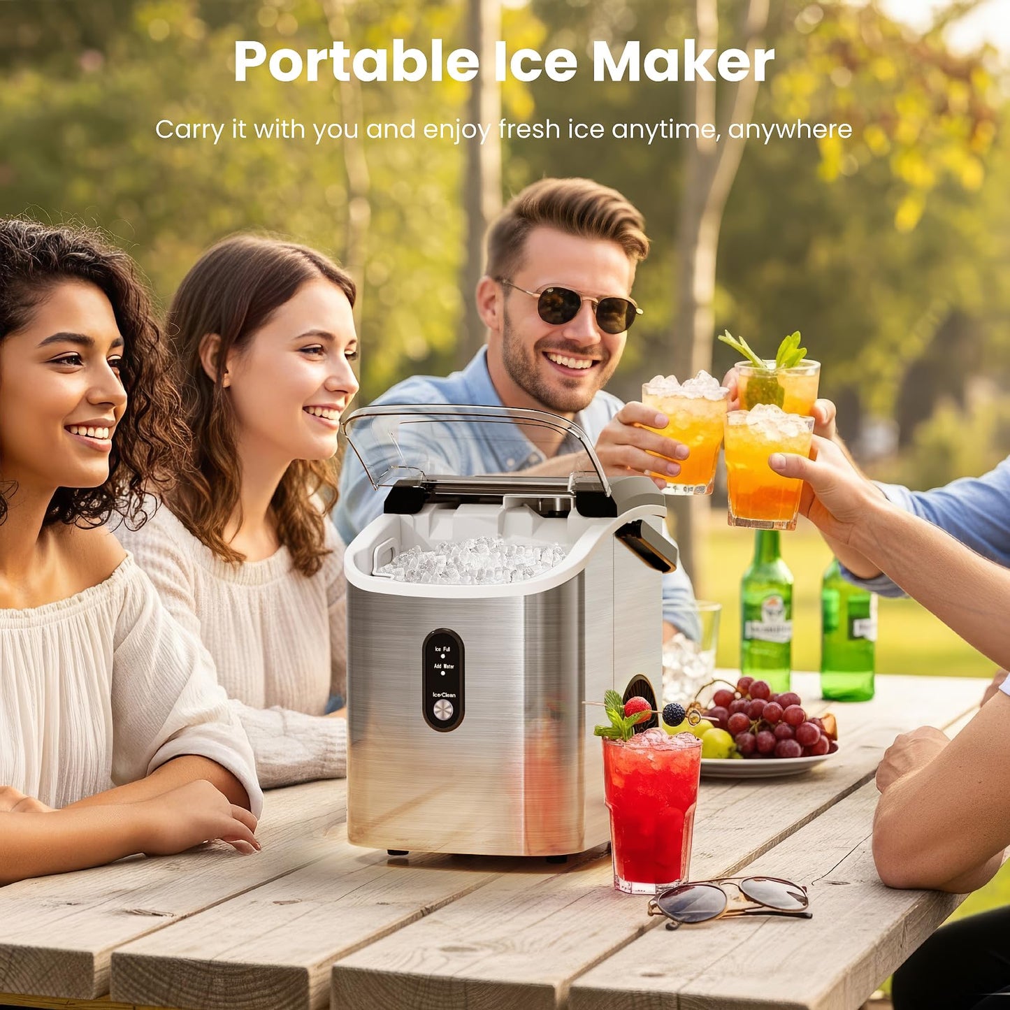 Antarctic Star Nugget Ice Makers Countertop with Self-Cleaning, 35lbs/24H, Portable Sonic Ice Maker Machine with Handle/Basket/Scoop for Home, Kitchen, Office, Camping(Stainless Steel Silver)