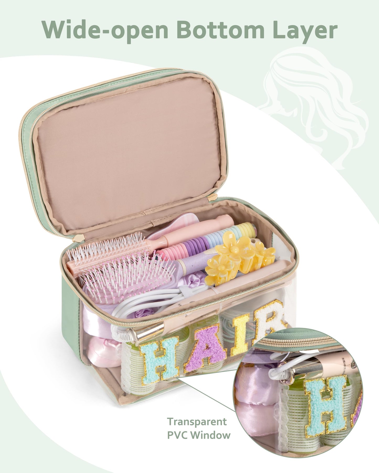 Fasrom Double Layer Hair Accessories Organizer, Preppy Patch Makeup Bag with HAIR Chenille Letter, Portable Travel Cosmetic Pouch Clear Toiletry Case for Women Girl, Green(Bag Only, Patent Design)