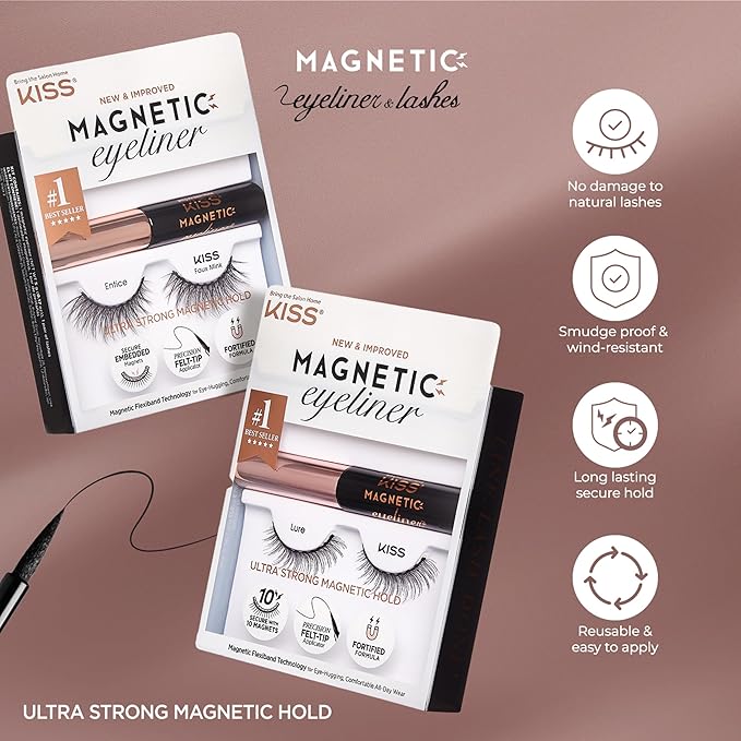 KISS Magnetic False Eyelashes and Eyeliner, ‘Charm’, 12mm, Easy to Apply, Reusable, No Glue, Flexible Band, Precision Felt Tip, Fortified Formula, 1 Pair Strip Lashes