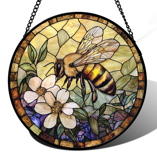 AMDERVEN Stained Glass Window Hanging, Vintage Bee Yellow Flower Sun Catcher for Window Door Home Decor Suncatcher Christmas Mother's Day Birthday Gifts for Women Men Mom and Nana 7.8 in