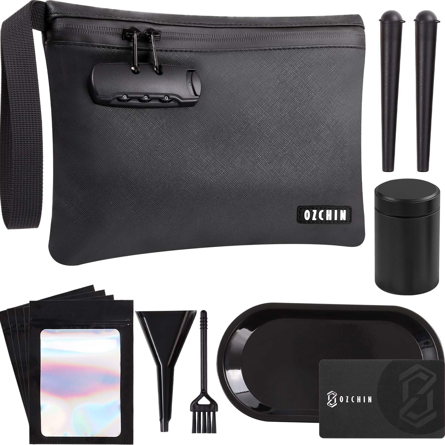 OZCHIN Smell Proof Bag with Combination Lock Certificate Organiser 10'' X 7'' Great Gift Sets Ideal Set PU Leather Lockable Travel Storage for Men Women, Classic, Daily Bag (Black Kit)
