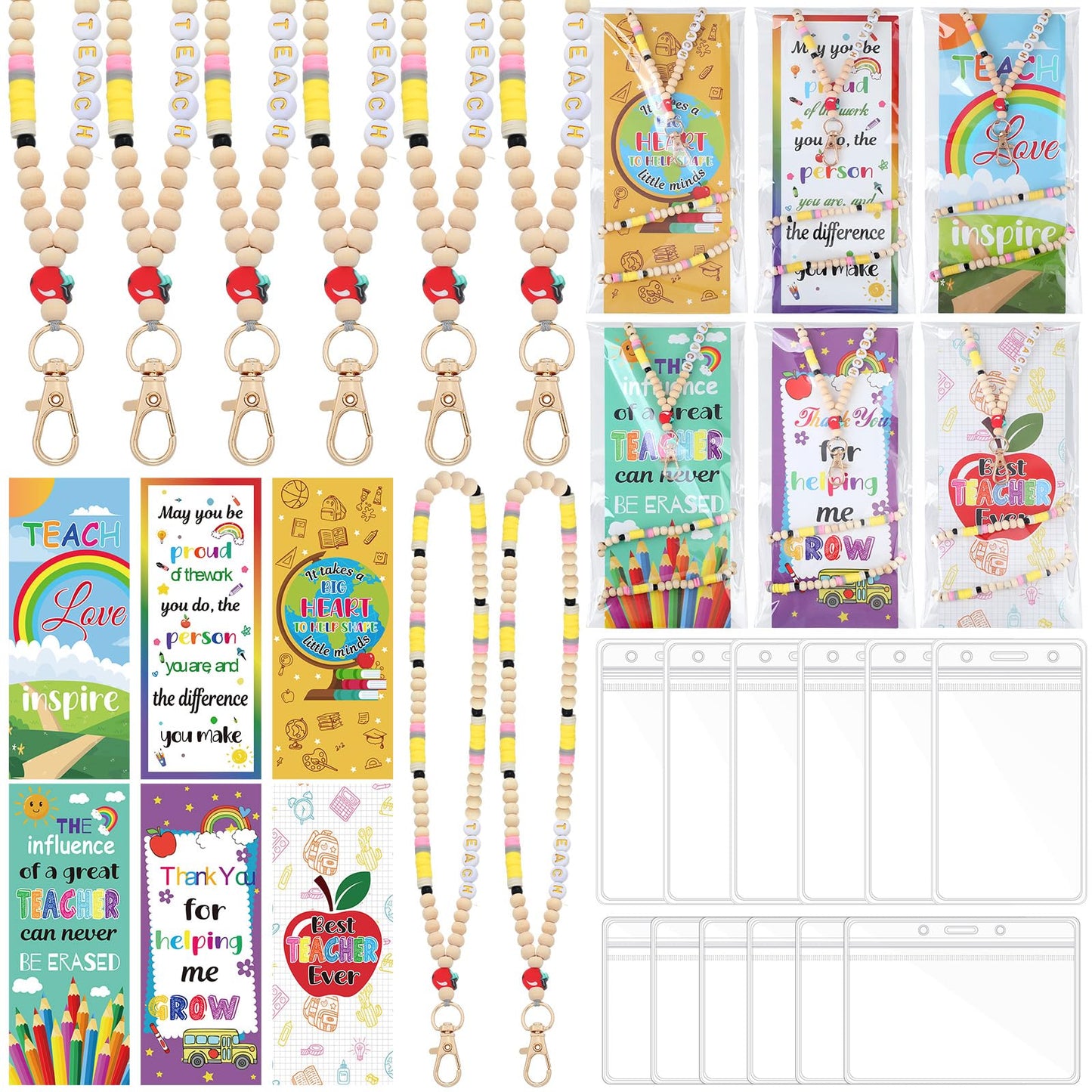 FineCheer 6 Sets Teacher Appreciation Gift Bulk Pencil Teacher Lanyard with ID Holder Back to School Thank You Cards Pencil Style Breakaway Beaded Lanyards for ID Badges Holder Office School Supplies