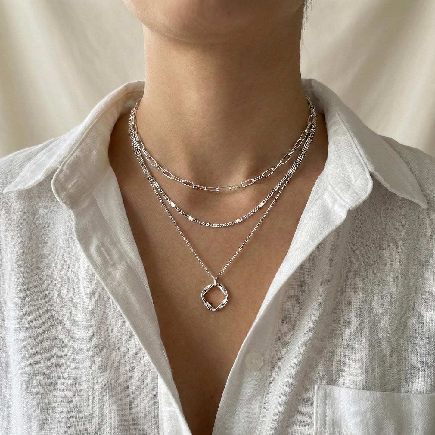 Layered Silver Necklaces for Women, Sterling Silver Plated Dainty Stackable Paperclip Choker Necklaces for Women, Trendy Layering Geometric Pendant Thin Chain Necklace Jewelry Set Gifts