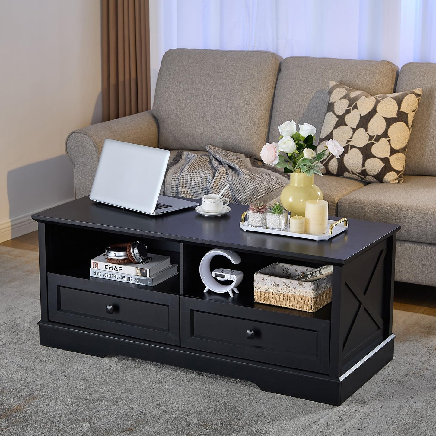 48" Farmhouse Coffee Table for Living Room, Wood Coffee Table with Storage, Rustic Rectangular Black Table Center Table with 2 Drawers for Office, Large Tabletop Dining Table for Home Living Room