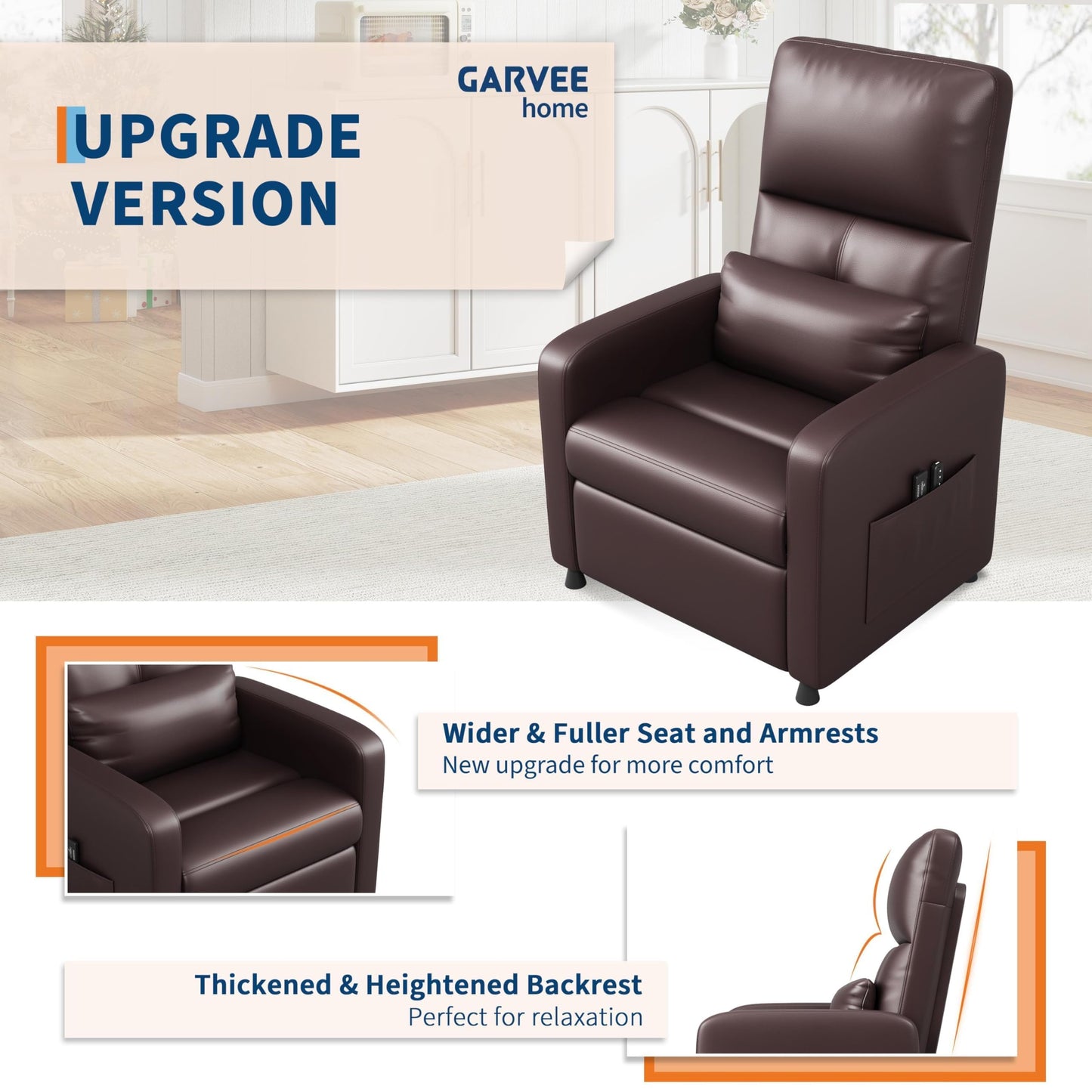 Electric Power Recliner Chair with Heat & Massage, Tall Back PU Leather Sofa, Ergonomic Padded Seat, Lumbar Support, 2 Side Pockets, USB, 370 lbs—Heated Recliner for Living Room