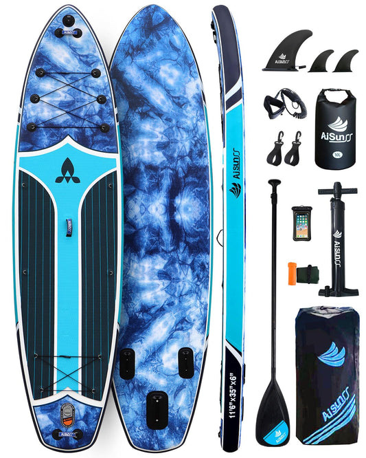 AISUNSS 11'6''x35'' Super Wide Inflatable Paddle Board, 450lb Capacity Premium Stable SUP Board for 2+1 People/Family w/100L Backpack, Dual-Action Pump, Safety Leash (Blue Sea)