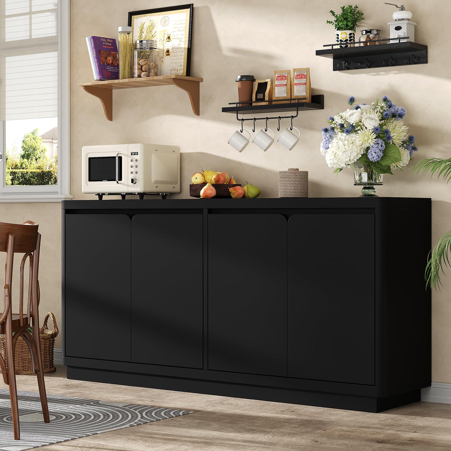 knoworld Buffet Cabinet with Storage, Outlet & Adjustable Shelves, Sideboard Cabinet with Double-Arc Doors, Classic Modern Wood Console Table & Credenza for Dining Room & Entryway