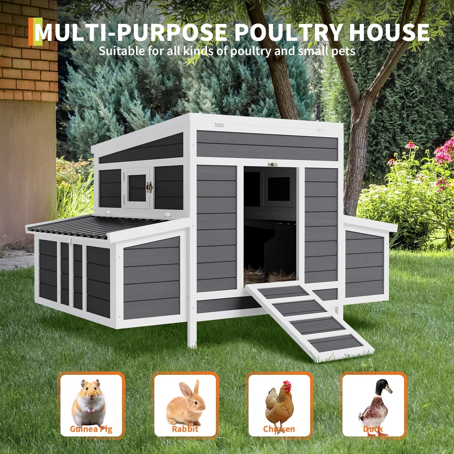 Wooden Chicken Coop, Large Chicken Coop for 4-6 Chickens, with 6 Nesting Boxes, Outdoor Poultry Cage Rabbit Cage with Ramps & Tray, 54.41" x 34.49" x 34.05"