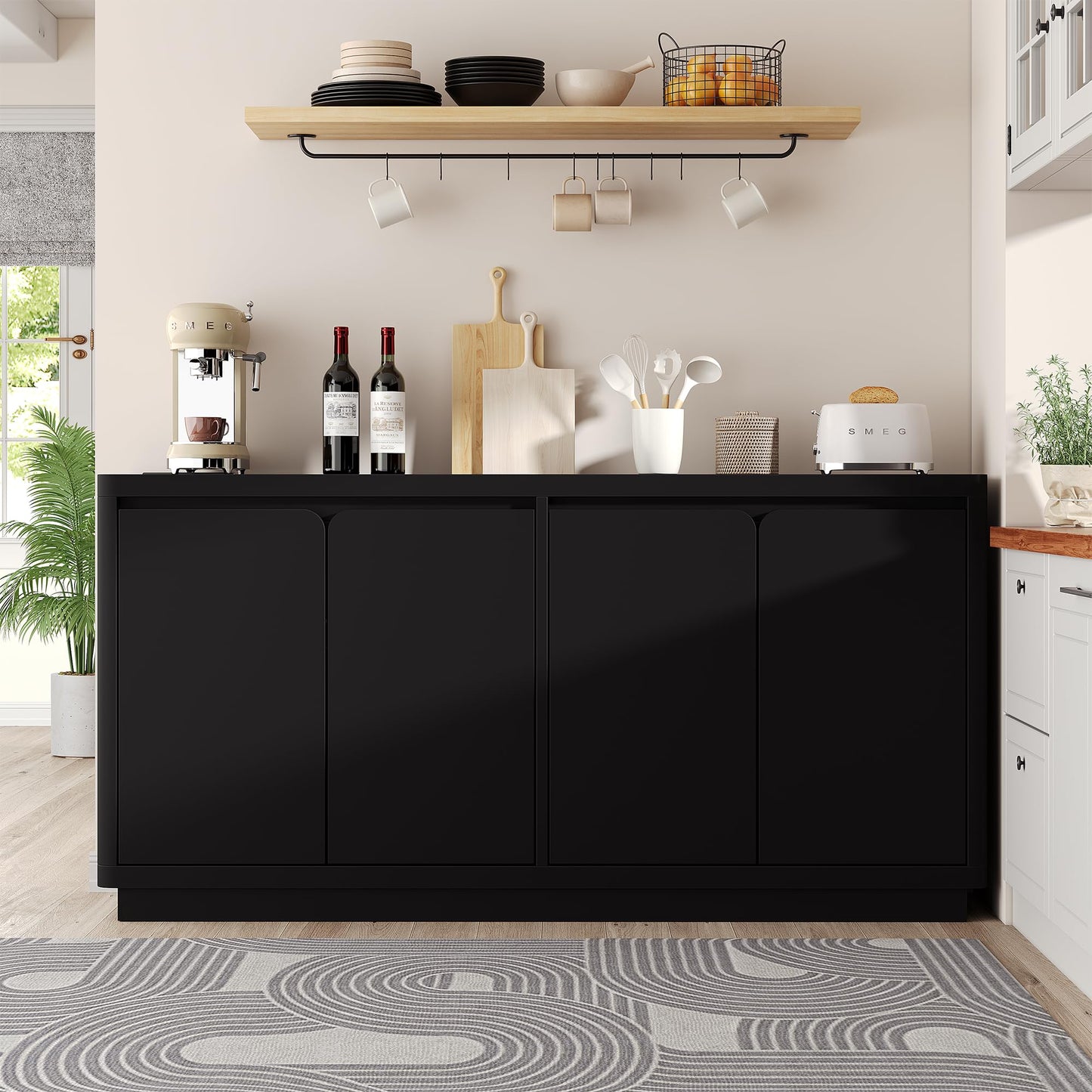 knoworld Buffet Cabinet with Storage, Outlet & Adjustable Shelves, Sideboard Cabinet with Double-Arc Doors, Classic Modern Wood Console Table & Credenza for Dining Room & Entryway