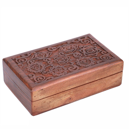 Ajuny Decorative Wooden Jewelry Box Keepsake 8 Inch - 7 Chakra Carving Box for Jewelry, Coins, Tarot Cards, Small Treasures Chest Travel Organizer