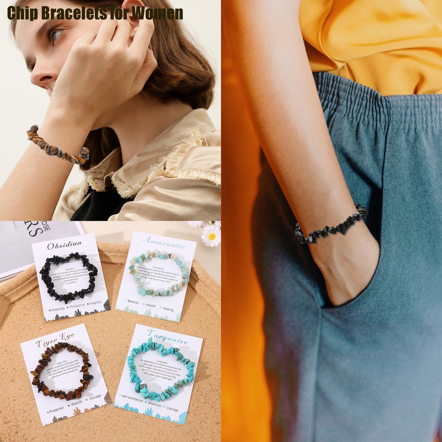 SONNYX 12 PCS Crystals Chip Bracelets Set for Women Natural Gemstone Bracelets Colorful Gravel Bead Bracelets Irregular Chips Beads Bracelet Reiki Stretch Beaded Bracelets Jewelry
