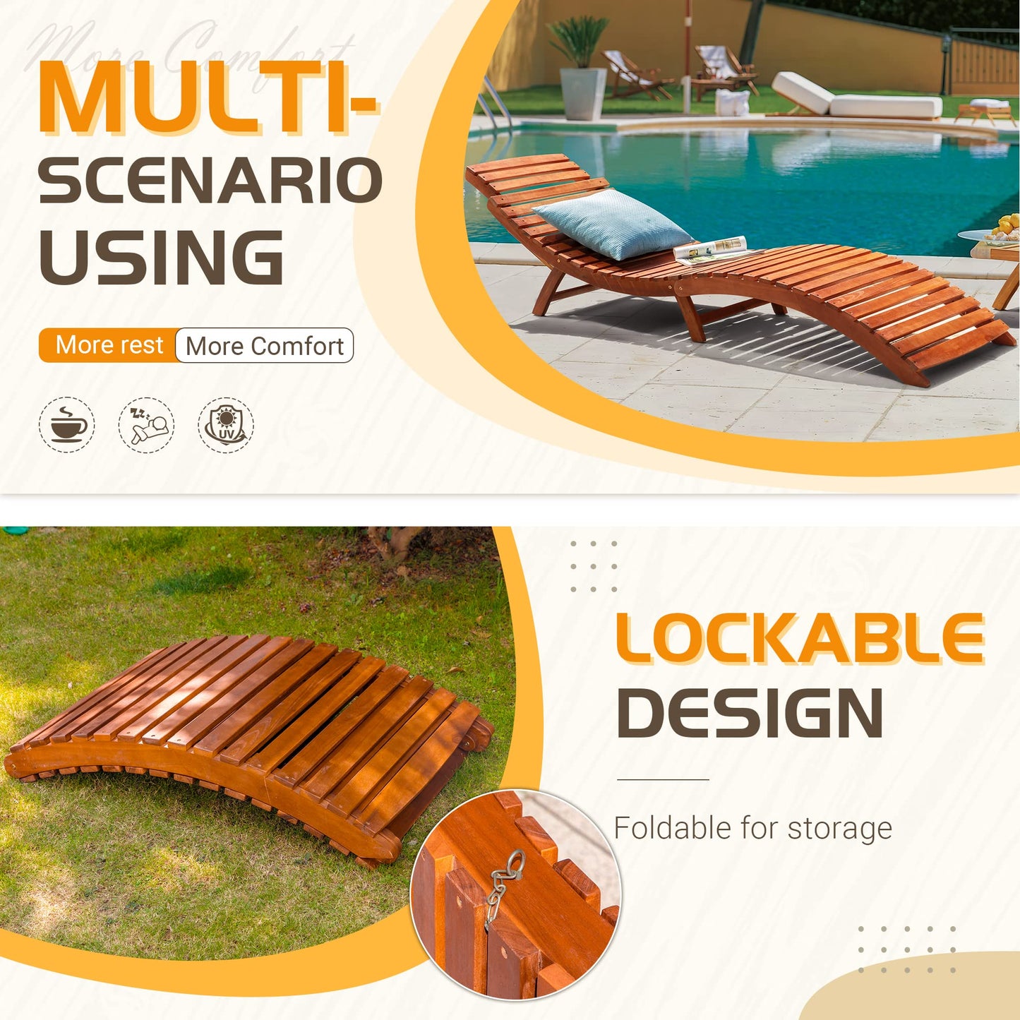 Greesum Wood Folding Chaise Lounge Chair, Weatherproof Extended Sun Lounger with Adjustable Headrest for Patio, Balcony Poolside Garden, Set of 2, Wooden