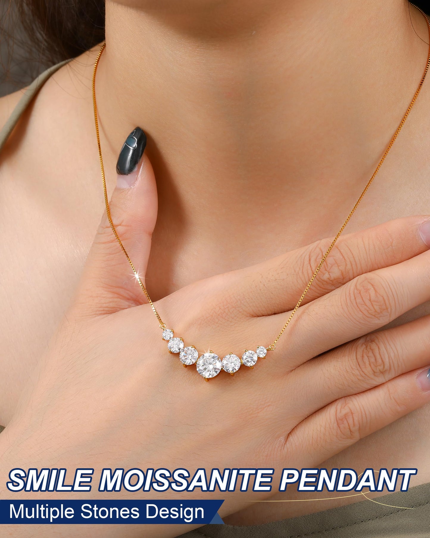 1.7 Carat Simulated Diamond Necklace for Women, 7 Stones Moissanite Pendant Necklaces 18k Yellow Gold Plated Sterling Silver Moissanite Necklace 19 inch Adjustable Box Chain Jewelry Gifts for Mom Wife