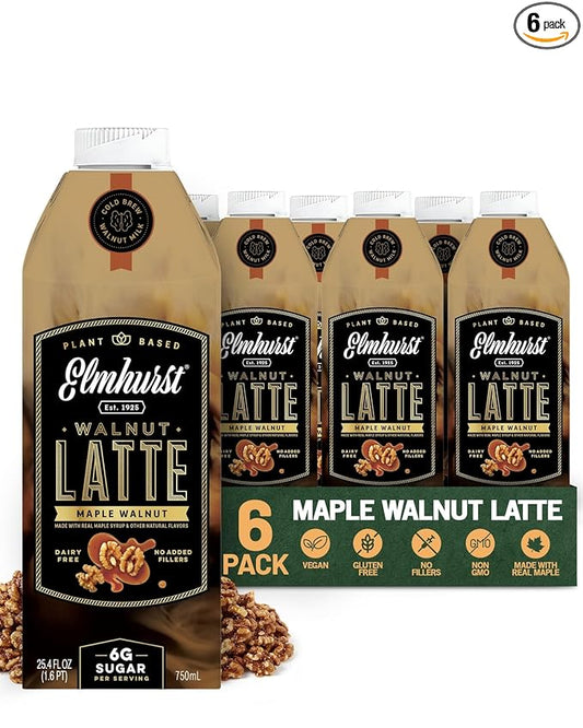 Elmhurst 1925 Maple Walnut Latte â Plant-Based, Vegan, Dairy-Free Plant Milk Latte Made of Walnut Milk, Cold Brew Premium Arabica with 95mg Caffeine & Real Maple & Brown Sugar â 25.4oz (Pack of 6)